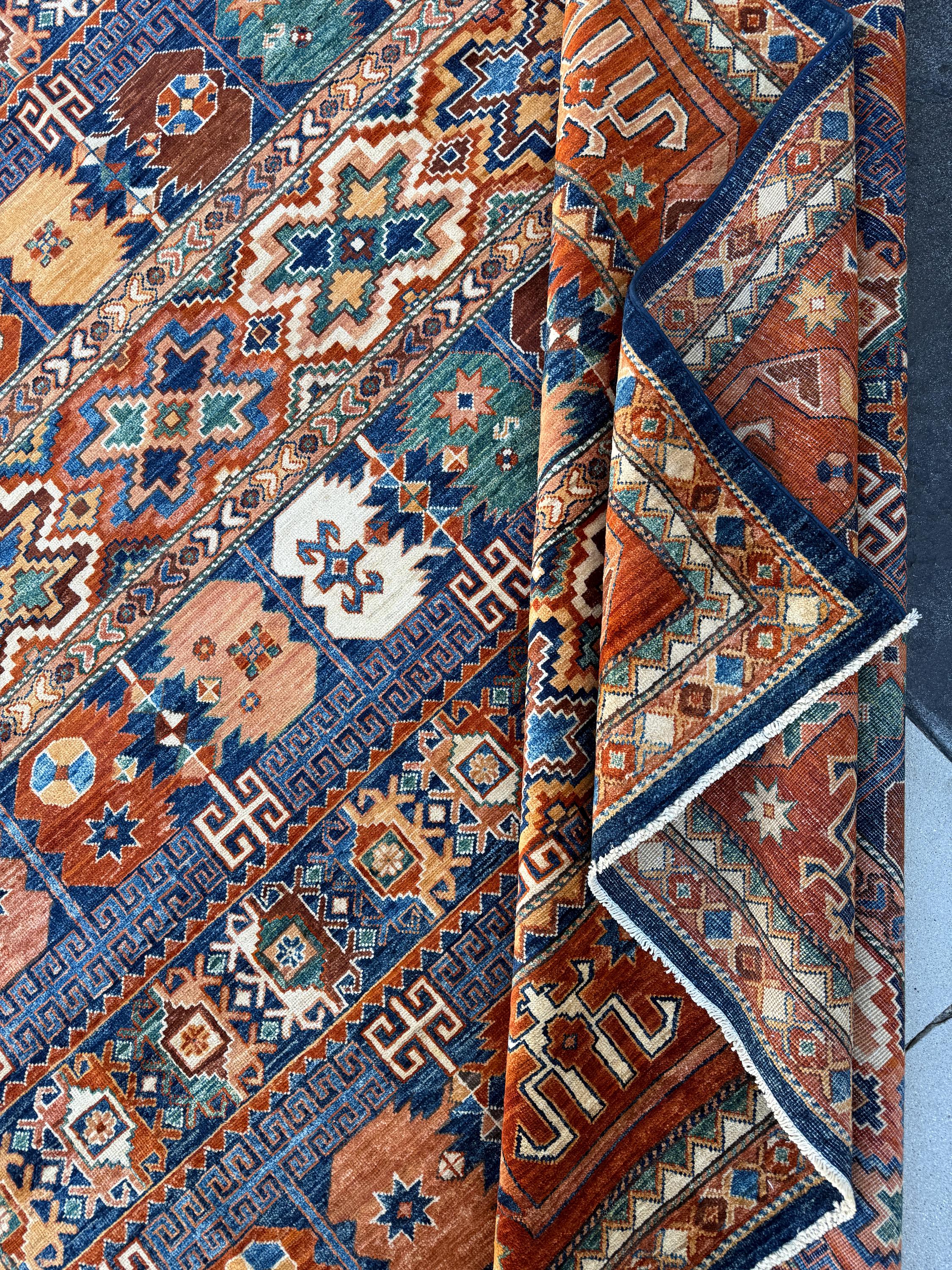 10x14 (304x 424) Handmade Afghan Rug | Terracotta Burnt Orange Navy Sapphire Denim Blue Taupe Cream Moss Forest Green Rust Red Golden Yellow