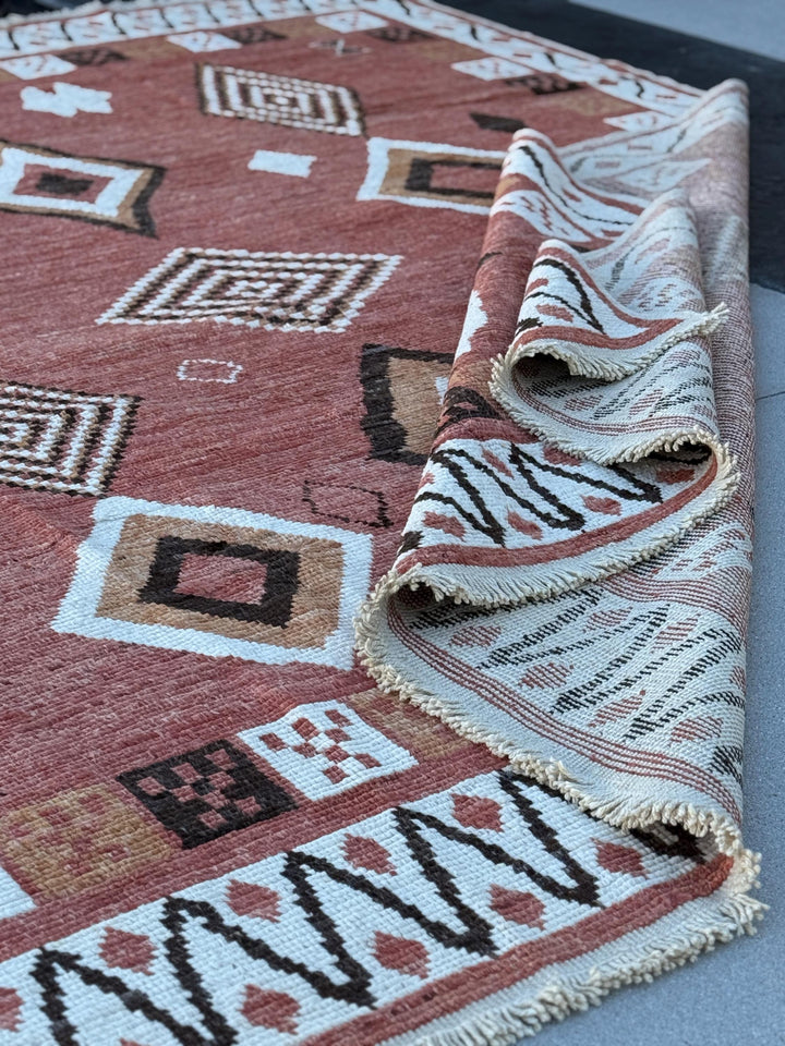 9x9 Square Handmade Afghan Moroccan Rug | Terracotta Burnt Sienna Peanut Brown Ivory Cream Charcoal Black Handwoven Tribal Wool Handknotted