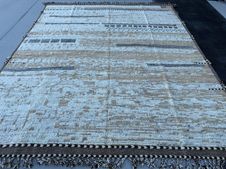 8x11 Handmade Afghan Moroccan Rug | Ivory Cream Light Brown Taupe Charcoal Gray Sand Beige | Earth Berber Beni Plush Turkish Wool Oushak