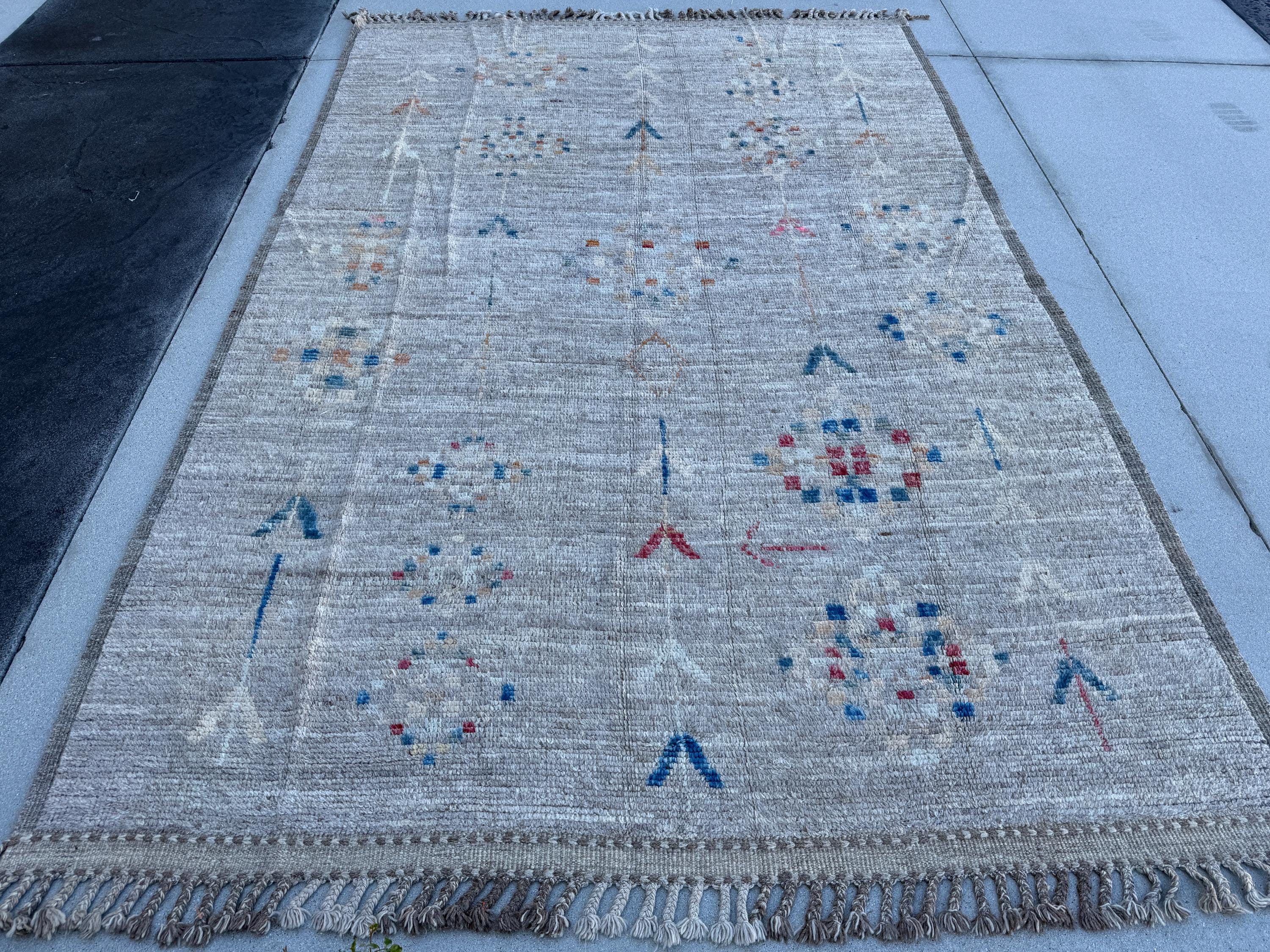 7x11 Handmade Afghan Moroccan Rug | Neutral Muted Charcoal Grey Ivory Cream Pale Gold Red Blue | Wool Minimalist Hand Knotted Plush Shag