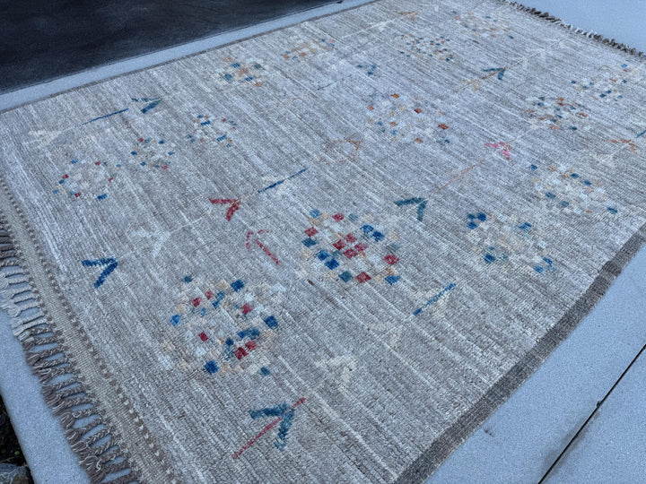 7x11 Handmade Afghan Moroccan Rug | Neutral Muted Charcoal Grey Ivory Cream Pale Gold Red Blue | Wool Minimalist Hand Knotted Plush Shag