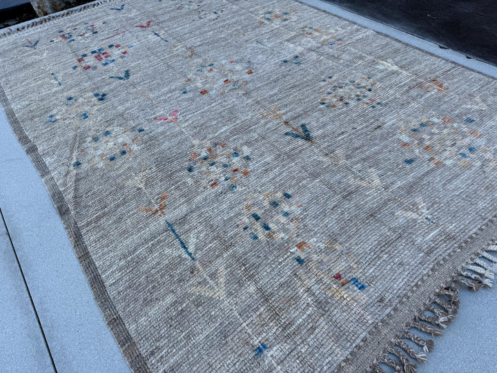 7x11 Handmade Afghan Moroccan Rug | Neutral Muted Charcoal Grey Ivory Cream Pale Gold Red Blue | Wool Minimalist Hand Knotted Plush Shag