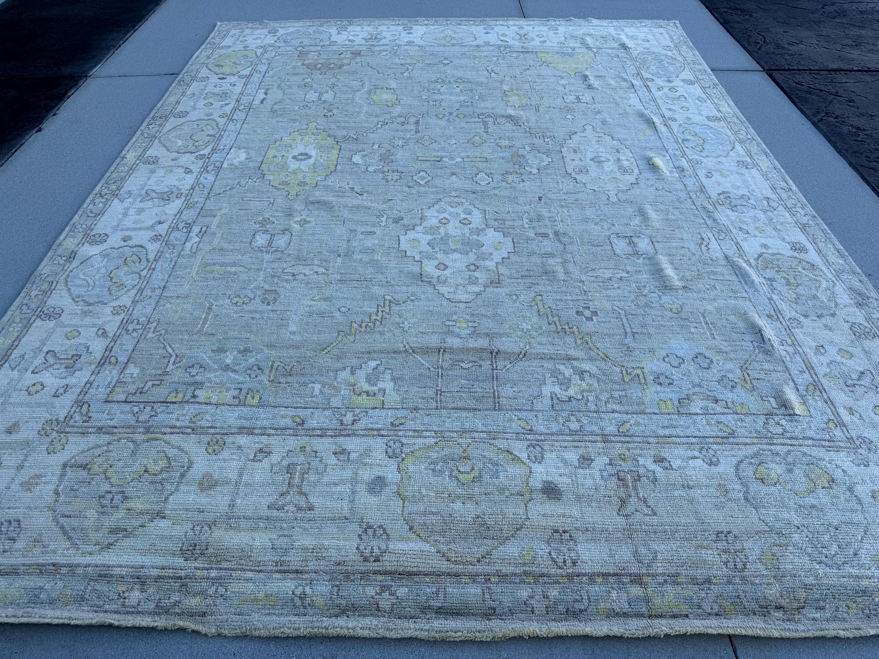 9x12 (287x370) Hand Knotted Afghan Rug | Muted Sage Green Slate Grey Powder Blue Saffron Gold Taupe Cream Ivory | Turkish Oushak