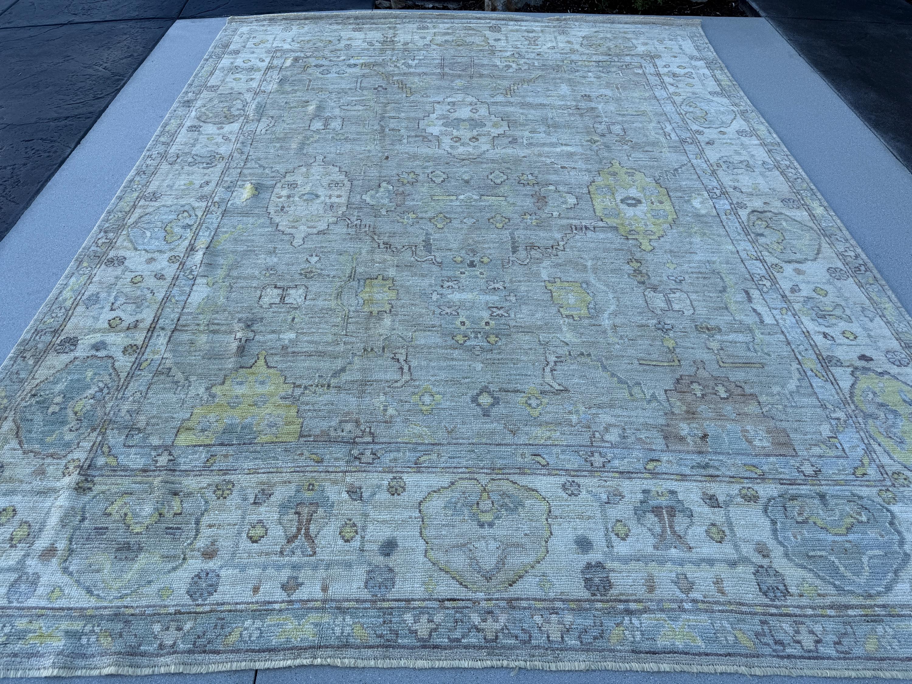 9x12 (287x370) Hand Knotted Afghan Rug | Muted Sage Green Slate Grey Powder Blue Saffron Gold Taupe Cream Ivory | Turkish Oushak