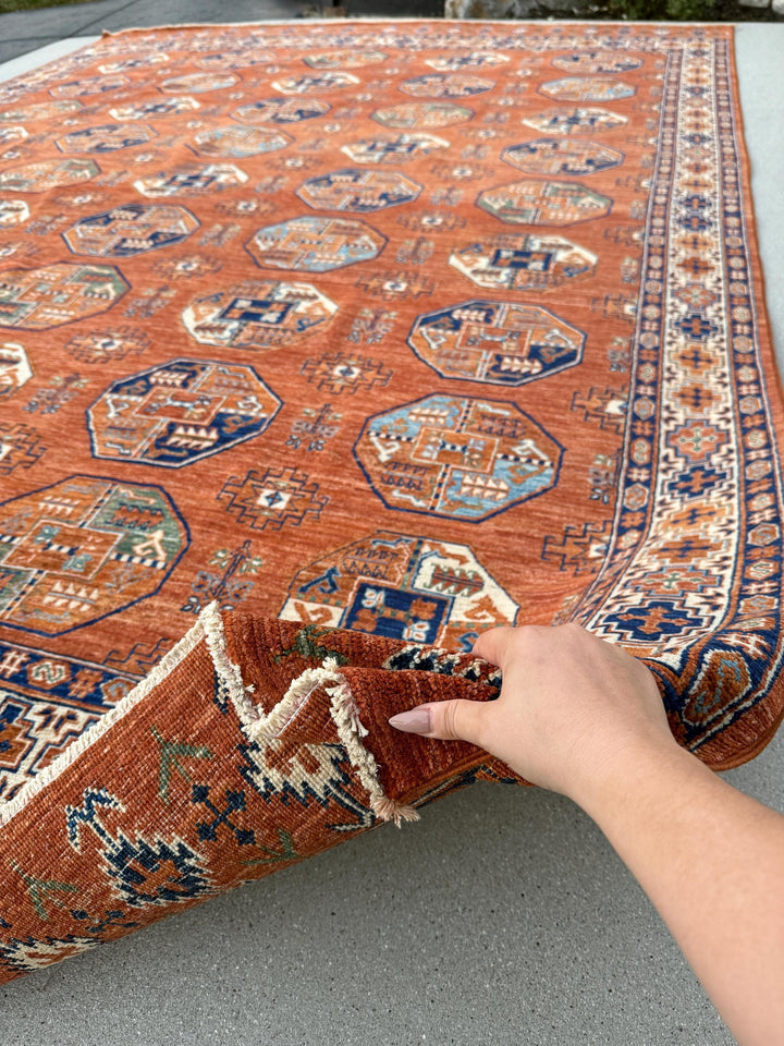 9x12 (279x368) Handmade Afghan Rug | Terracotta Rust Burnt Orange Brick Red Denim Midnight Baby Blue Hazel Moss Pine Green Warm Taupe Beige