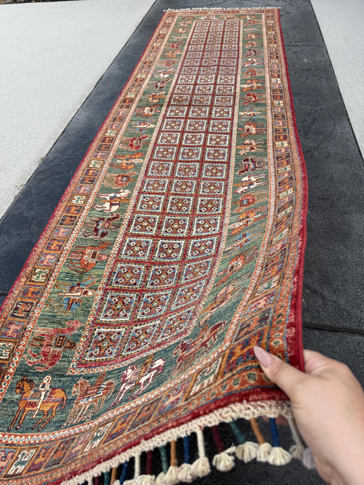 3x10 Handmade Afghan Runner Rug | Sage Forest Green Brick Red Burgundy Cream Ivory Golden Yellow Sky Navy Blue Orange Pazyryk Horse Rider