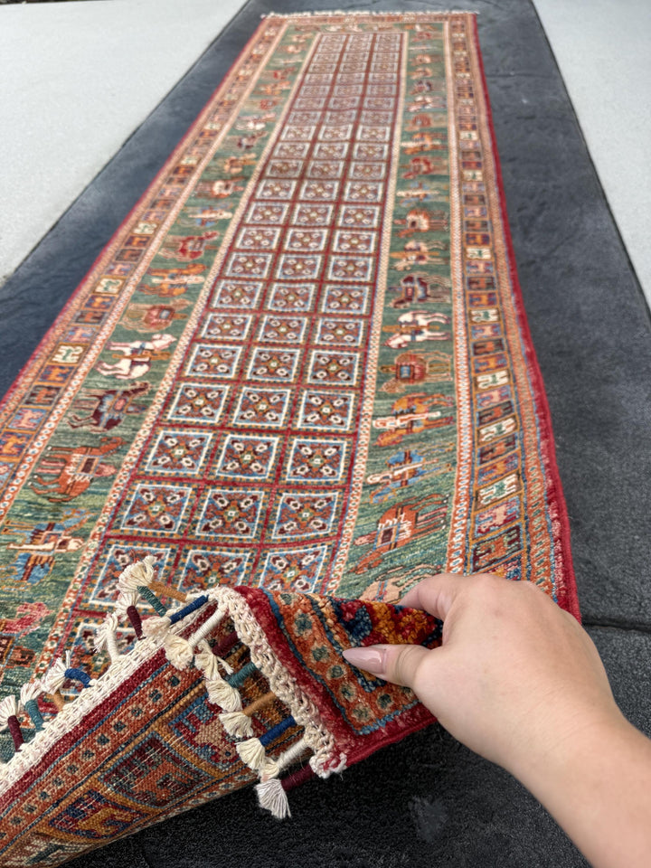 3x10 Handmade Afghan Runner Rug | Sage Forest Green Brick Red Burgundy Cream Ivory Golden Yellow Sky Navy Blue Orange Pazyryk Horse Rider