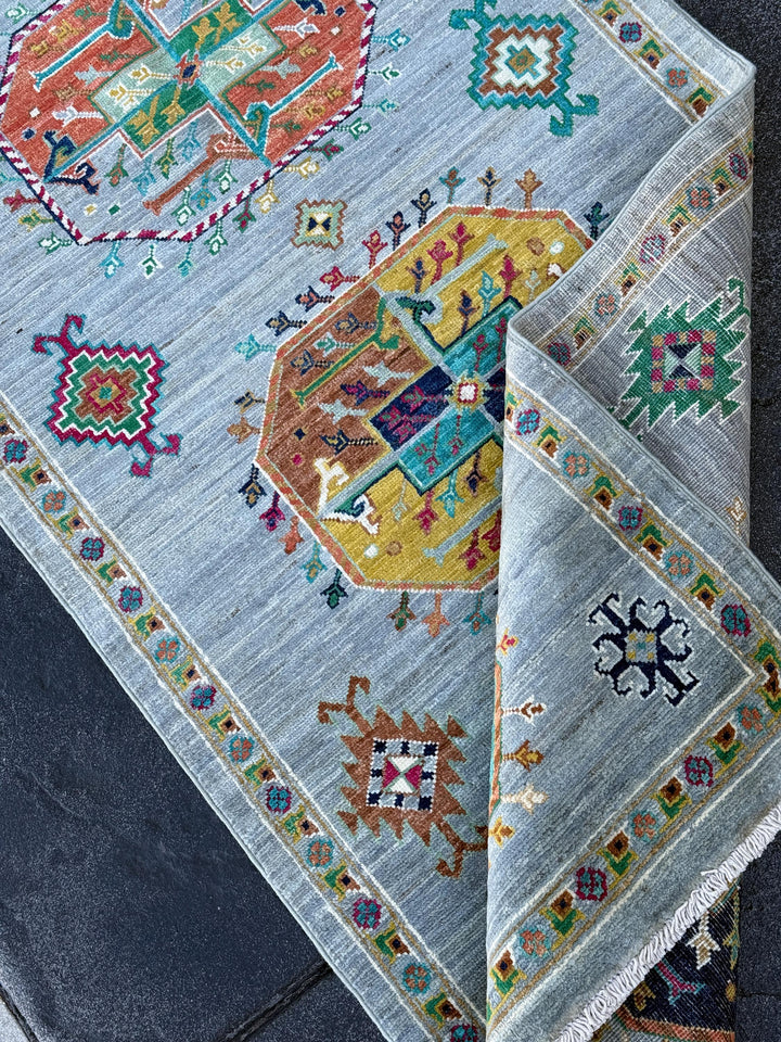 3x11 Handmade Afghan Runner Rug | Muted Grey-Blue Emerald Green Mustard Yellow Burnt Orange Teal Midnight Blue Turquoise Rose Pink Cream