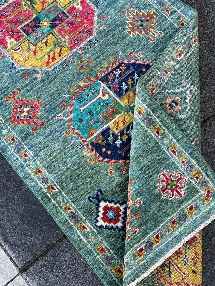 3x13 Handmade Afghan Runner Rug | Forest Fern Emerald Green Teal Gold Yellow Ruby Red Sky Navy Blue Ivory Cream Terracotta Brown Peach