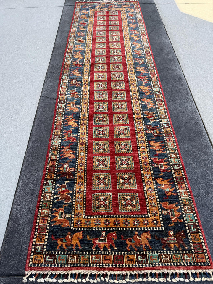 3x10 Handmade Afghan Runner Rug | Crimson Red Teal Turquoise Olive Green Yellow Royal Navy Blue Ivory White Orange | Turkish Oushak Serapi