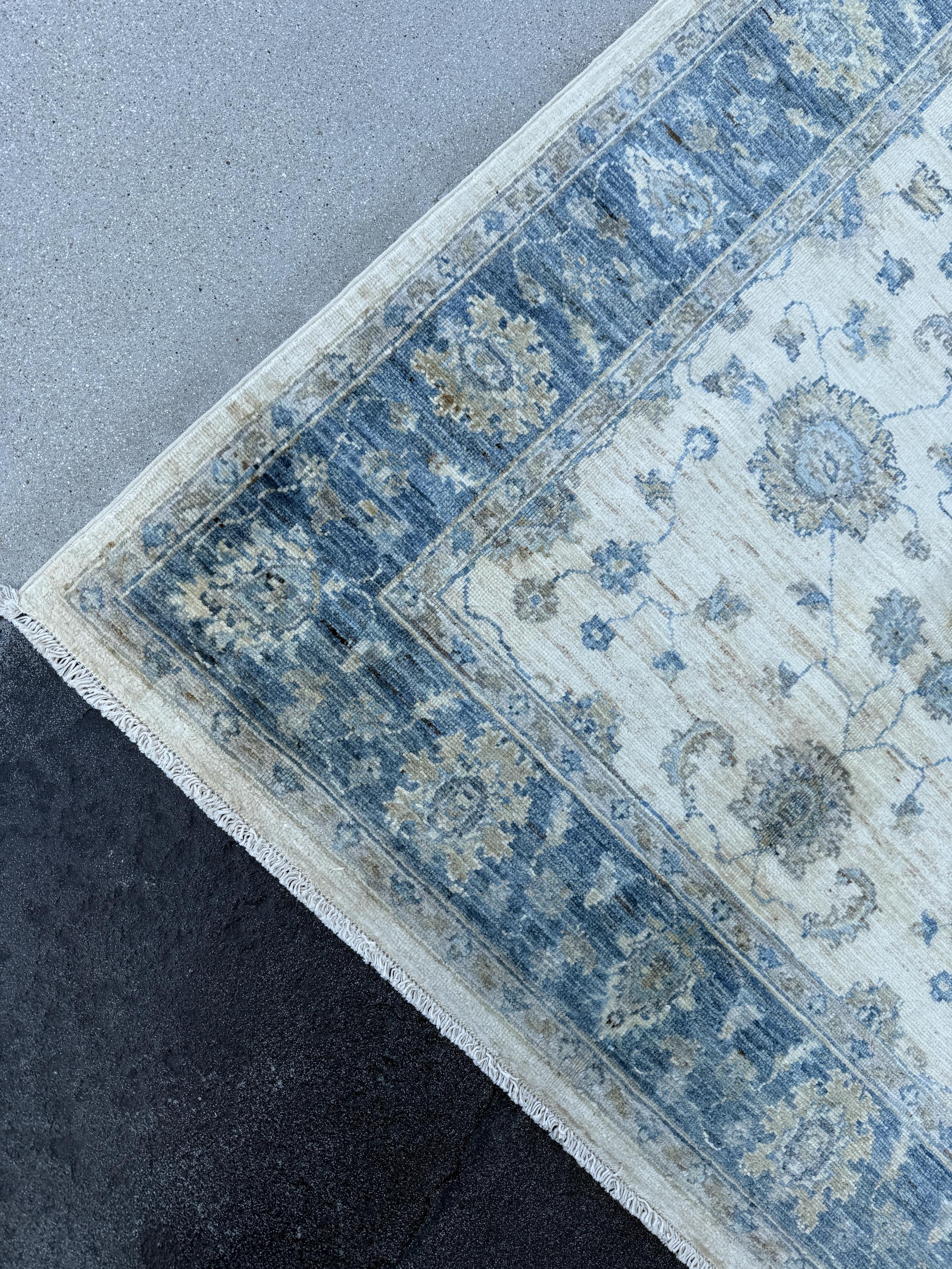 4x6 (121x182) Handmade Afghan Rug | Cream Denim Prussian Powder Blue Beige Taupe Grey Gray | Wool Handknotted Tribal Boho Floral