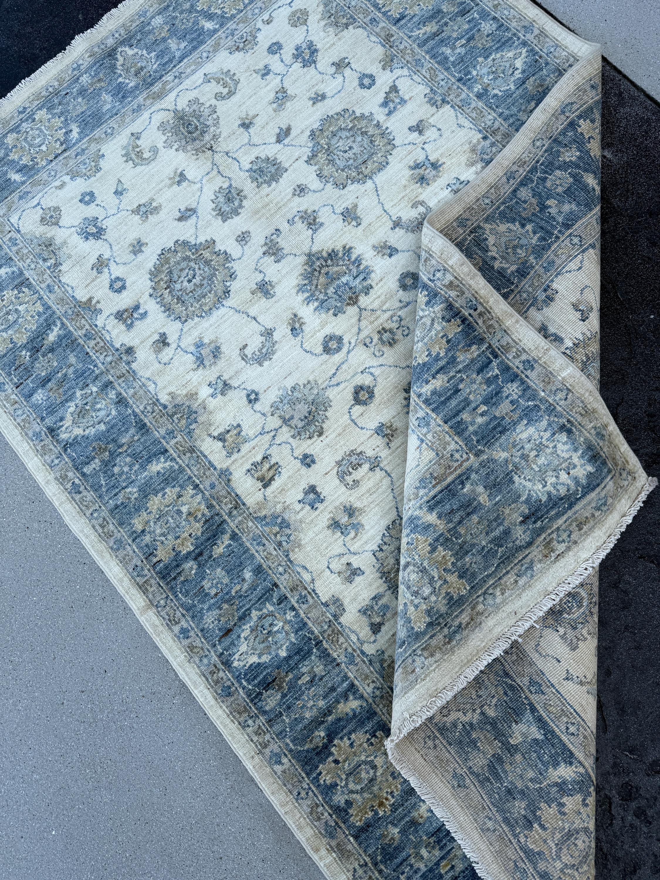 4x6 (121x182) Handmade Afghan Rug | Cream Denim Prussian Powder Blue Beige Taupe Grey Gray | Wool Handknotted Tribal Boho Floral