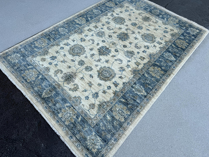 4x6 (121x182) Handmade Afghan Rug | Cream Denim Prussian Powder Blue Beige Taupe Grey Gray | Wool Handknotted Tribal Boho Floral