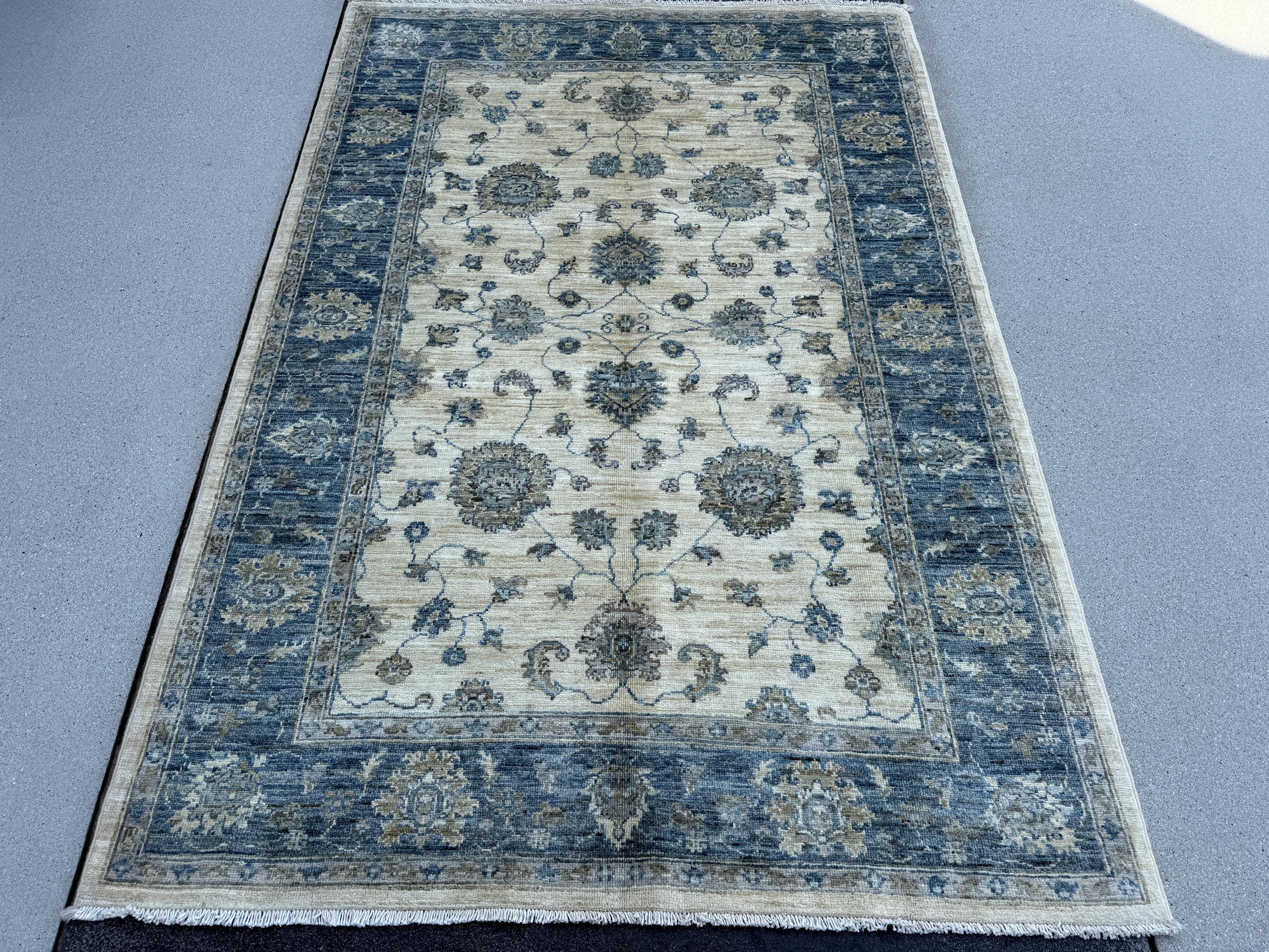 4x6 (121x182) Handmade Afghan Rug | Cream Denim Prussian Powder Blue Beige Taupe Grey Gray | Wool Handknotted Tribal Boho Floral