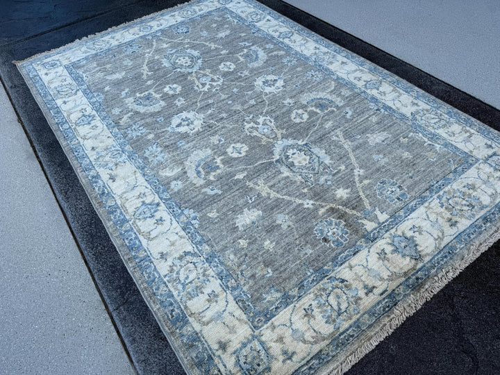 3-4x5 (121x152) Handmade Afghan Rug | Muted Slate Blue Dusty Grey Gray Cream Beige Taupe Stone Ivory | Wool Tribal Persian Boho Floral