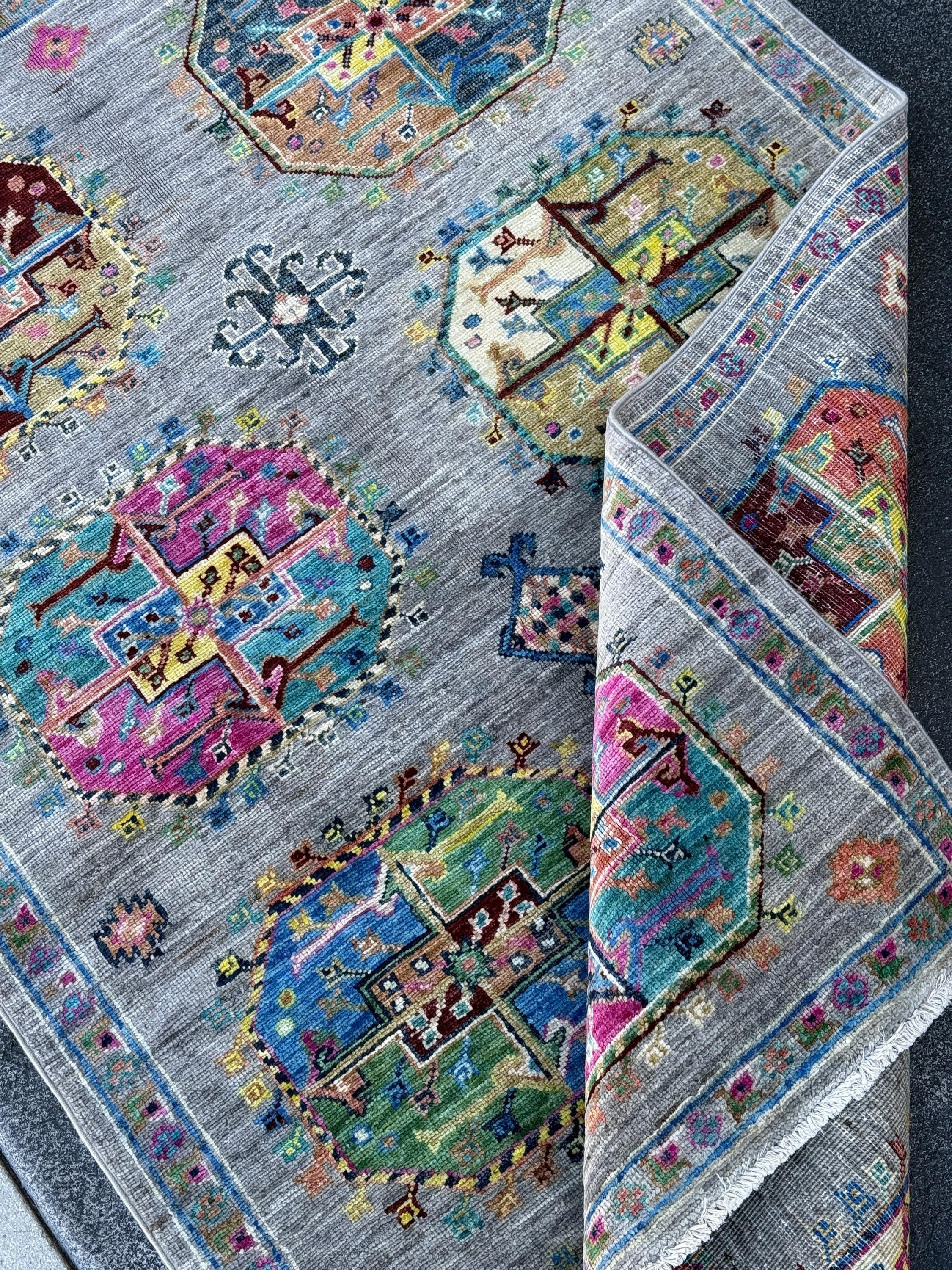 3~4x5 Handmade Afghan Rug | Grey Plum Eggplant Fuchsia Salmon Pink Denim Blue Teal Turquoise Coral Orange Yellow Olive Pine Green Cream