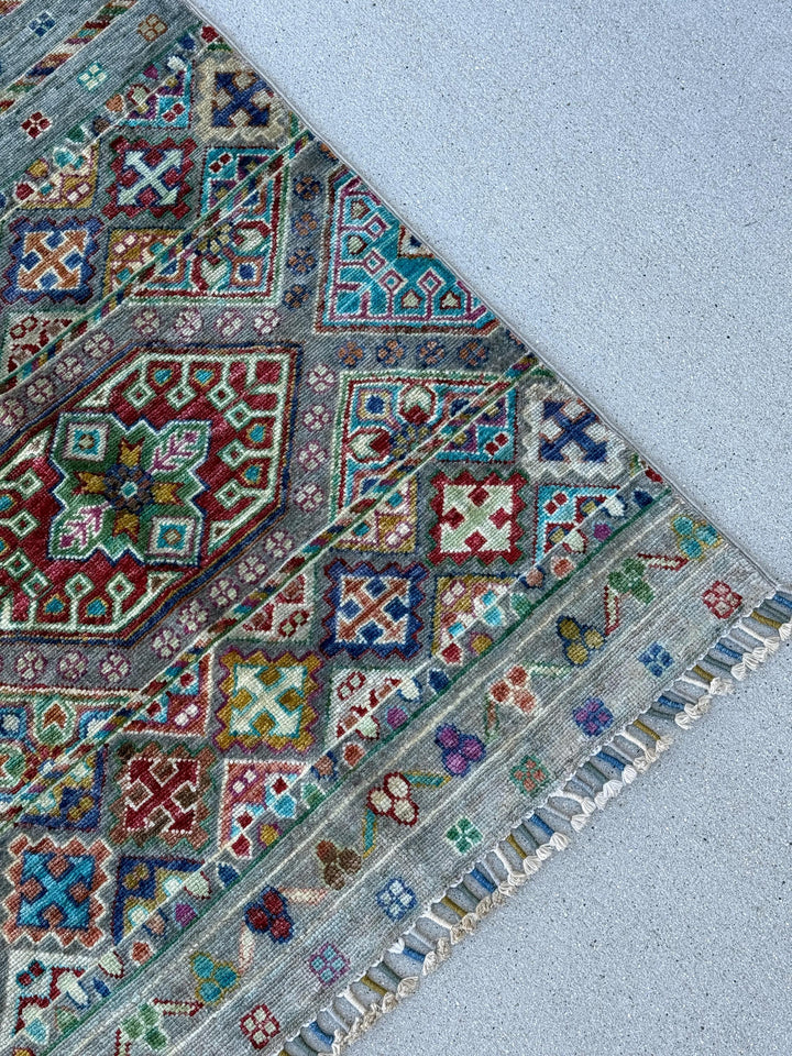 5x7 Handmade Afghan Rug | Muted Grey Teal Beige Purple Denim Blue Mustard Yellow Green Brown Burgundy Cream | Khorjin Nomadic Tribal Wool