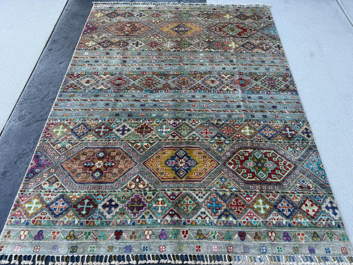 5x7 Handmade Afghan Rug | Muted Grey Teal Beige Purple Denim Blue Mustard Yellow Green Brown Burgundy Cream | Khorjin Nomadic Tribal Wool