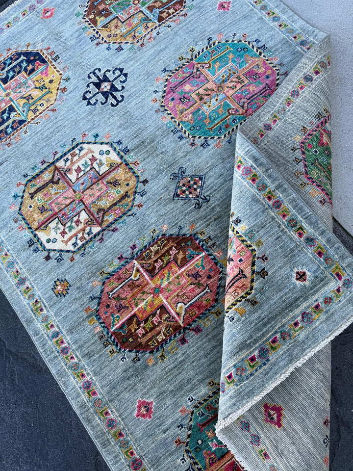 4x6 (121 x 182)Handmade Afghan Rug | Powder Navy Turquoise Blue Sage Green Coral Peach Pink Saffron Gold Yellow Taupe Ivory Cream Slate Grey