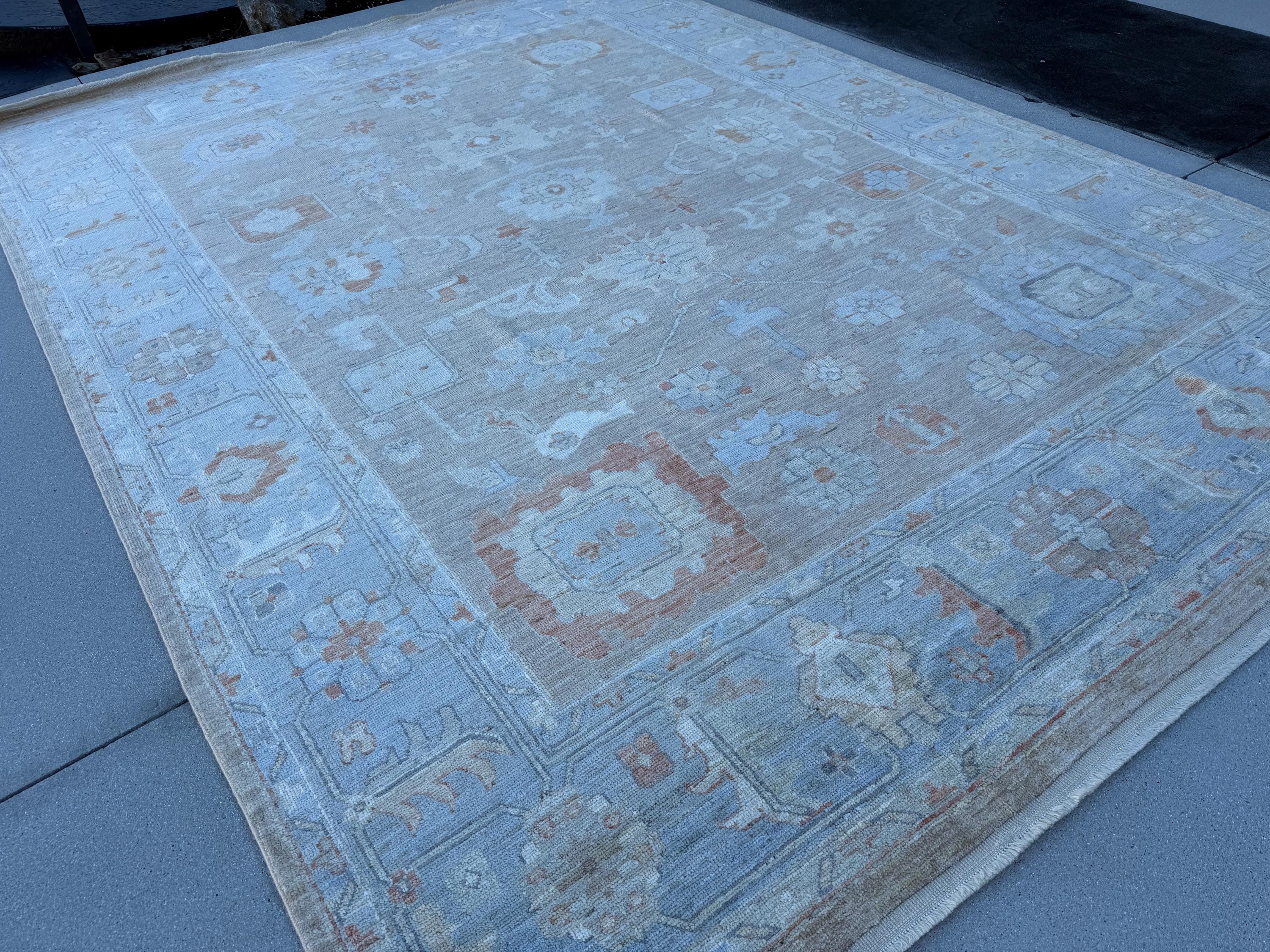 9x12 (274 x 373) Handmade Afghan Rug | Greige Neutral Light Grey Denim Powder Duck Egg Blue Rust Brick Red Taupe Beige Cream Ivory