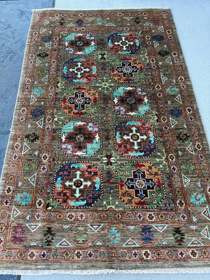 4x6 Handmade Afghan Rug | Earthy Khaki Olive Forest Green Burgundy Turquoise Navy Blue Lavender Purple Orange White Cream Brown Gabbeh Wool