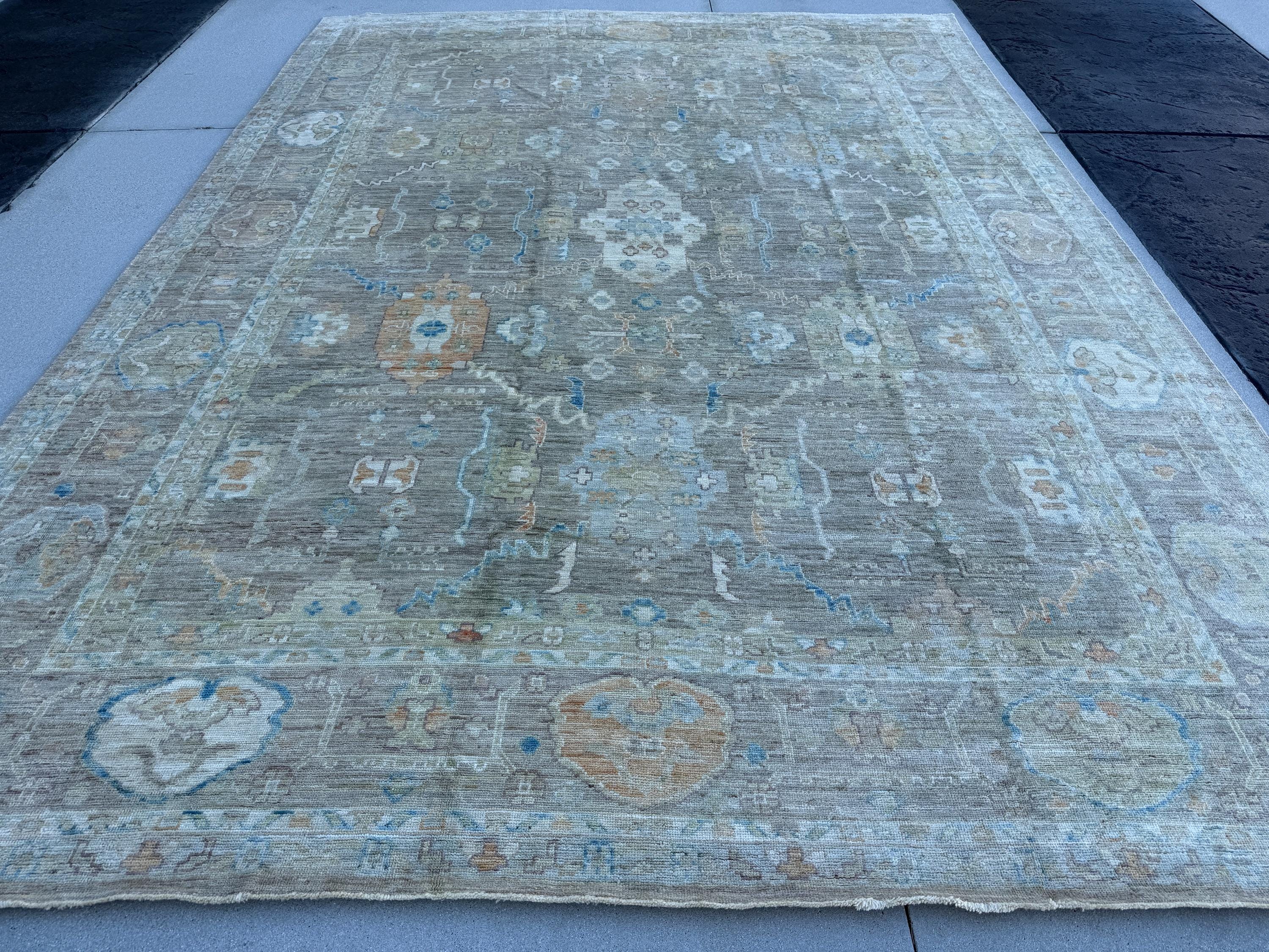 10x13 (304 x 416) Handmade Afghan Rug | Muted Taupe Light Grey Powdered Denim Blue Moss Green Rust Cornsilk Yellow Beige Cream Ivory