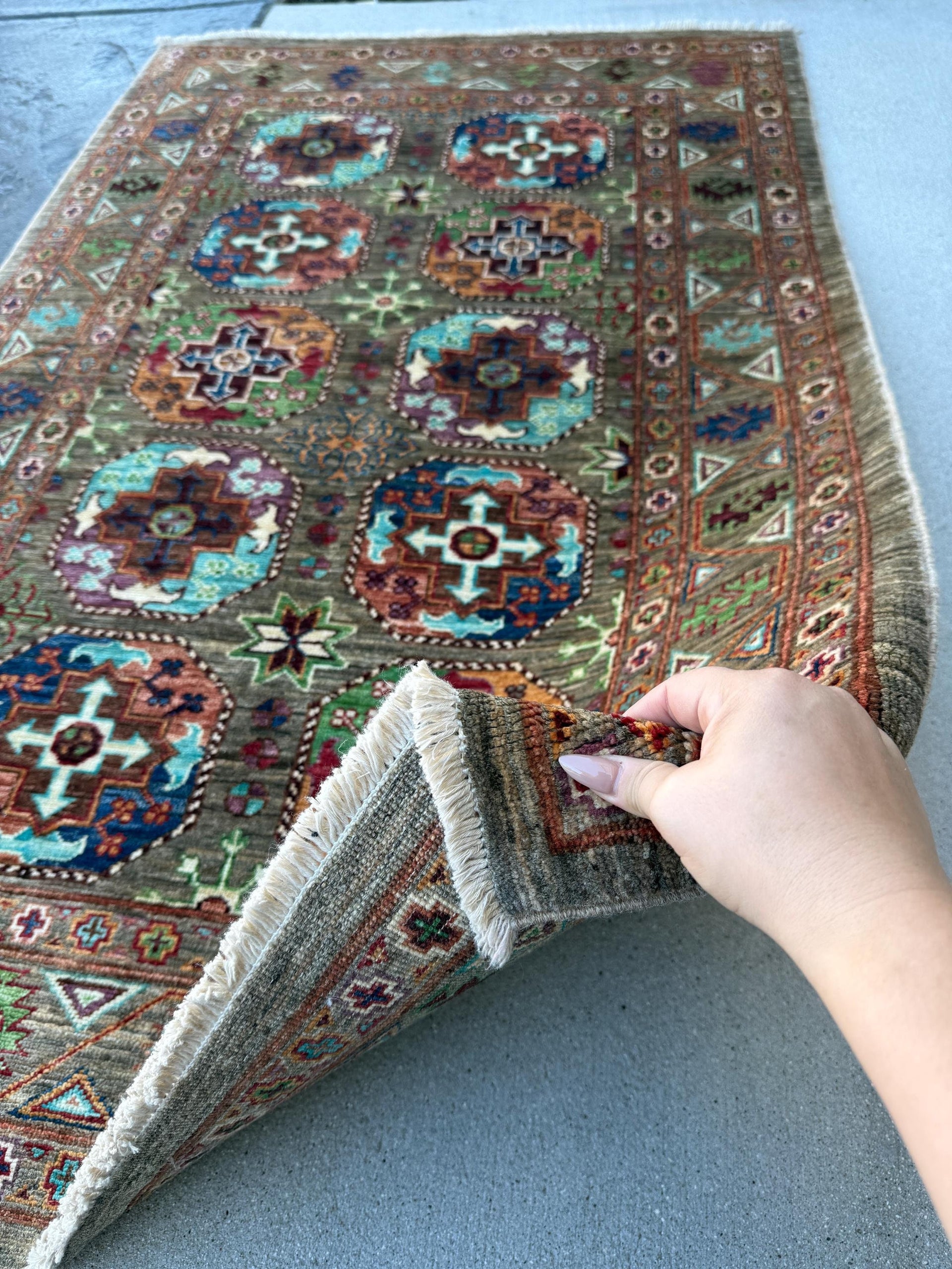 4x6 Handmade Afghan Rug | Earthy Khaki Olive Forest Green Burgundy Turquoise Navy Blue Lavender Purple Orange White Cream Brown Gabbeh Wool