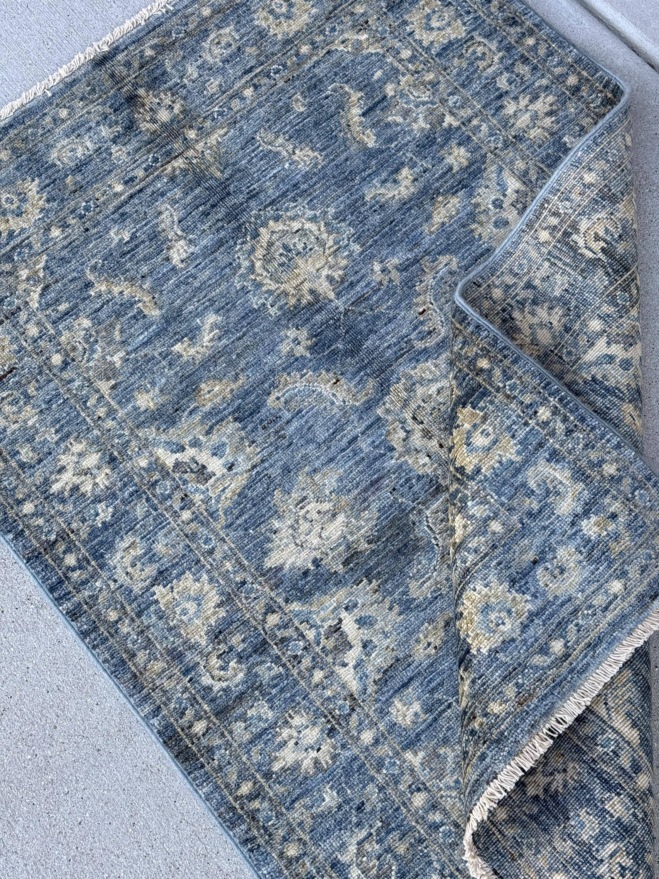 3x4 Handmade Afghan Rug | Distressed Blue Ivory Beige Light Grey Gold | Gabbeh Wool Handknotted Tribal Persian Boho Handwoven Traditional