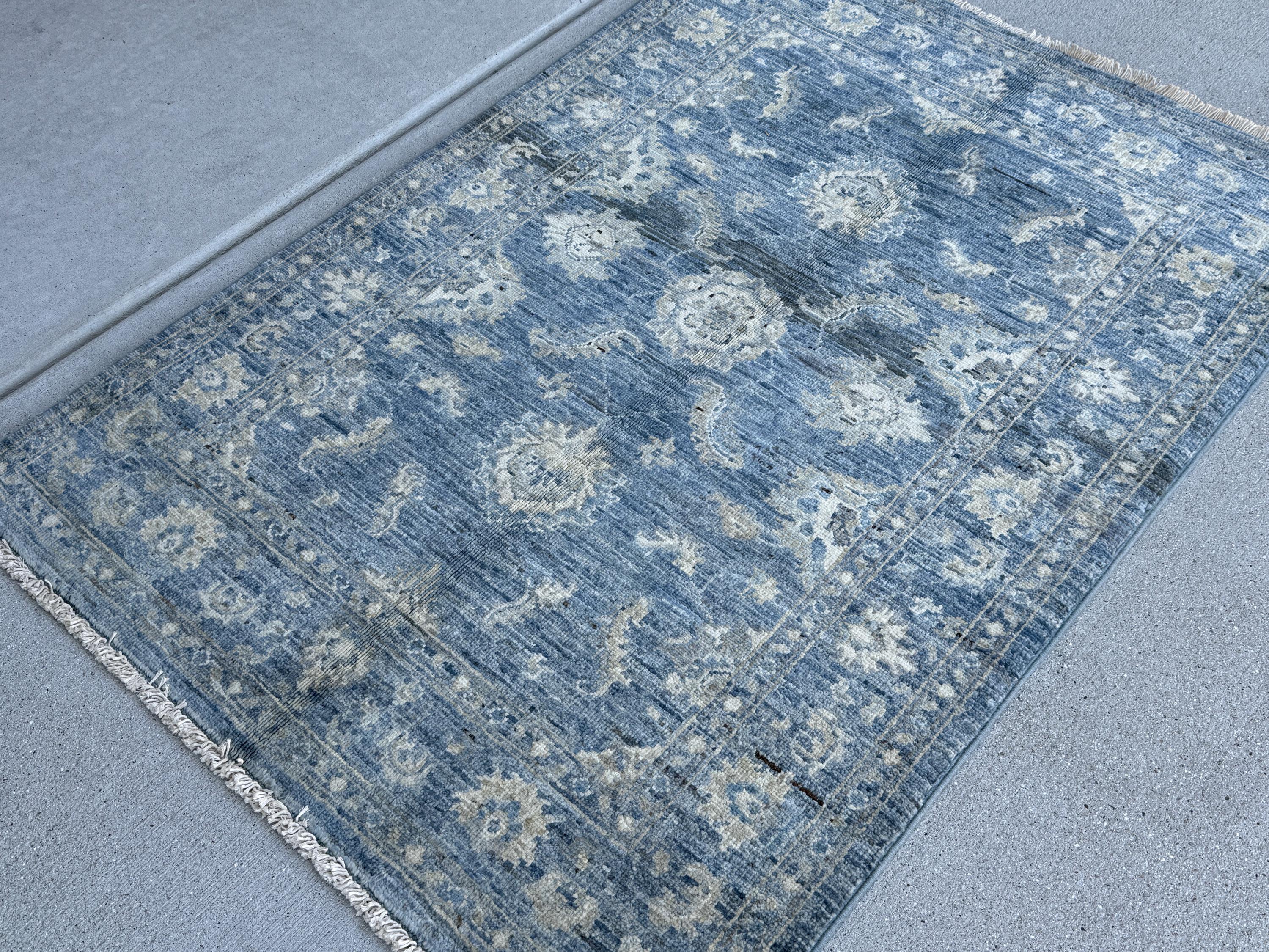 3x4 Handmade Afghan Rug | Distressed Blue Ivory Beige Light Grey Gold | Gabbeh Wool Handknotted Tribal Persian Boho Handwoven Traditional