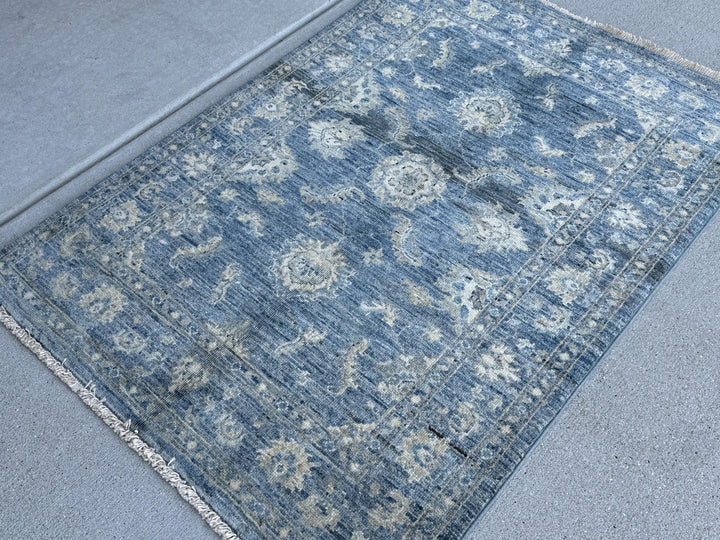 3x4 Handmade Afghan Rug | Distressed Blue Ivory Beige Light Grey Gold | Gabbeh Wool Handknotted Tribal Persian Boho Handwoven Traditional