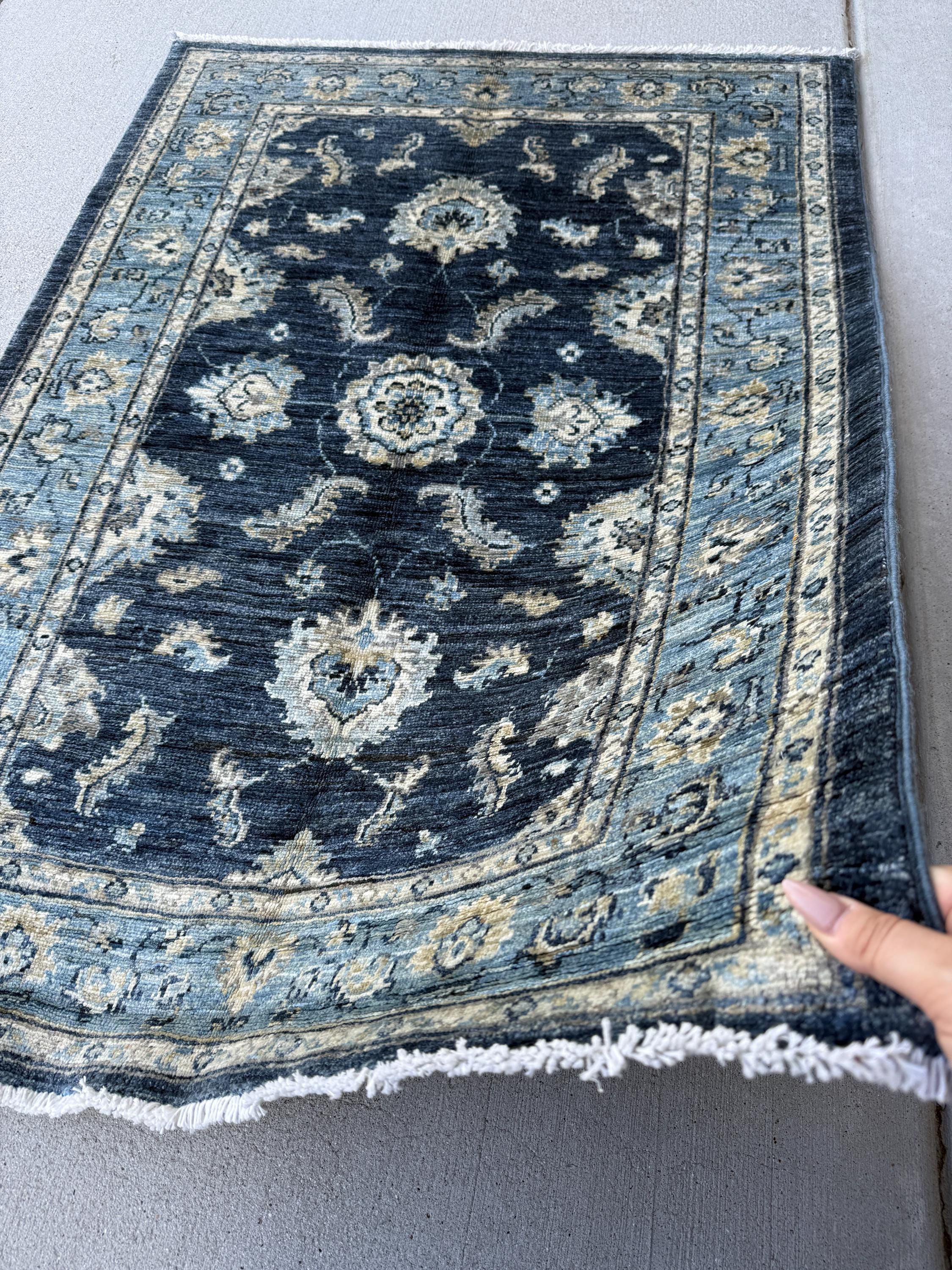 3x4 Handmade Afghan Rug | Dark Navy Denim Sky Blue Beige Ivory Cream Gold Gabbeh Wool Handknotted Tribal Persian Boho Handwoven Traditional