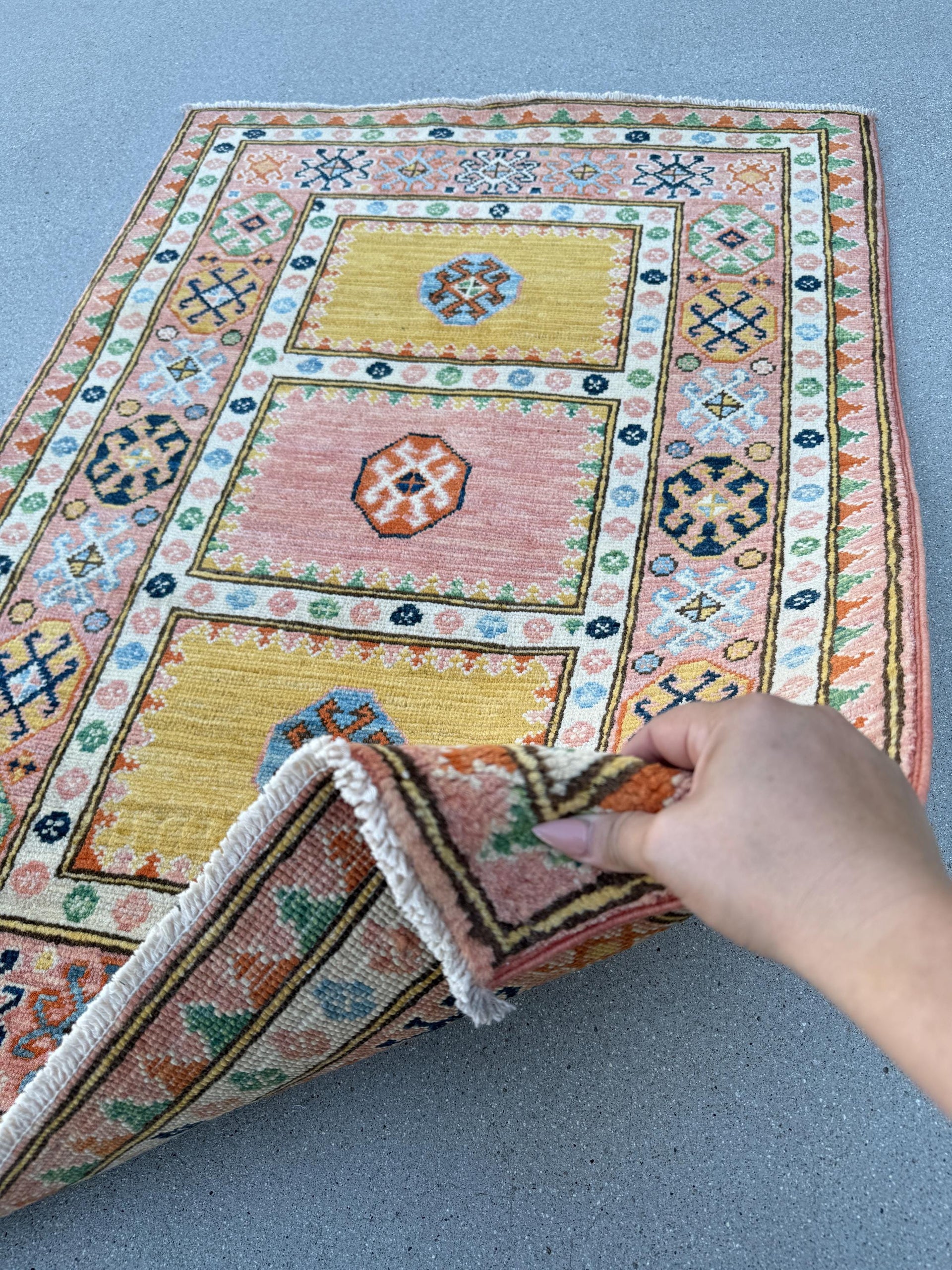 3x5 Handmade Afghan Rug | Mustard Yellow Peach Coral Navy Sky Blue Teal Emerald Green Rust Orange Cream Ivory Gabbeh Wool Handknotted Tribal