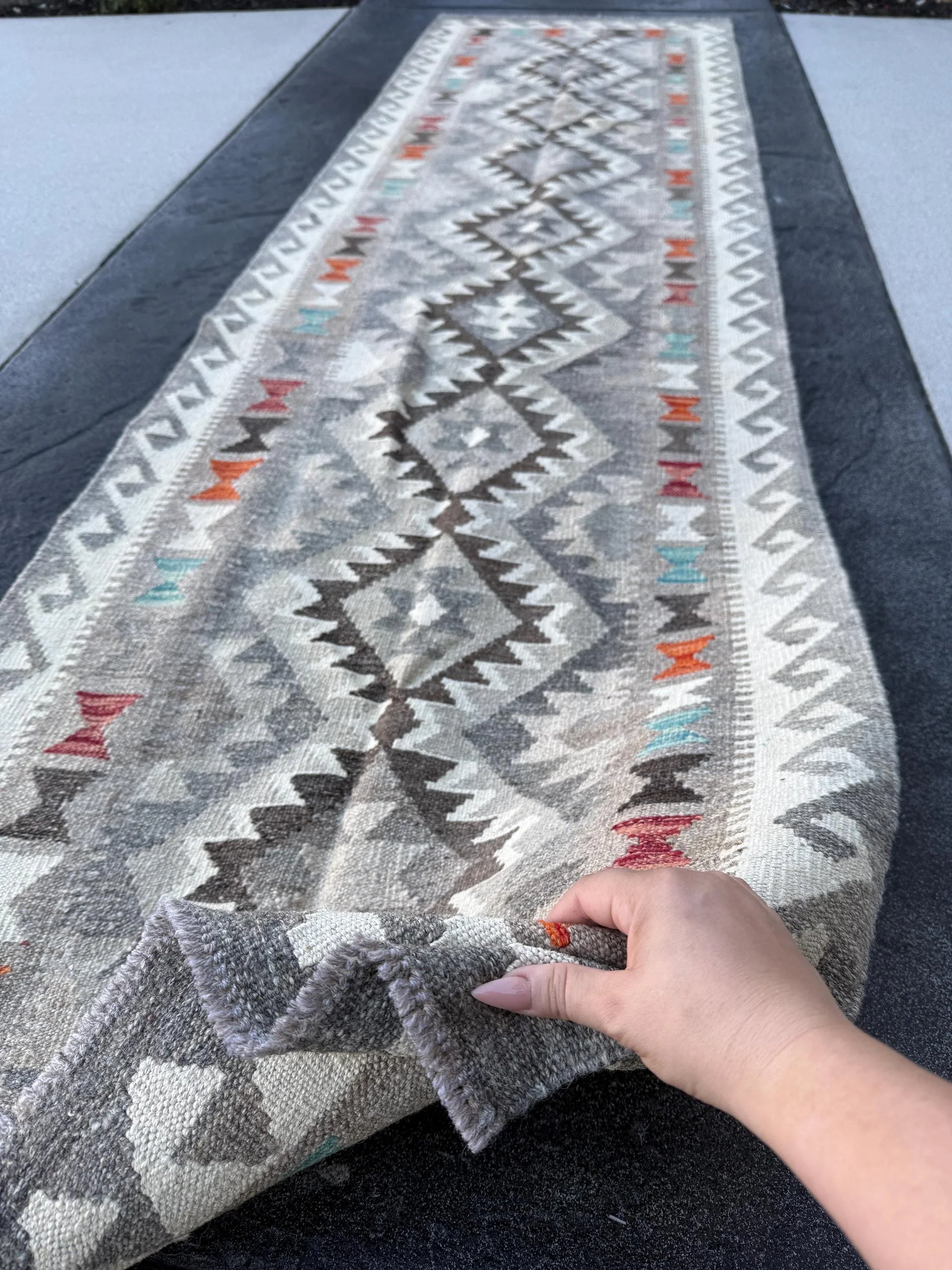 3x10 (90x335) Handmade Afghan Kilim Runner Rug | Slate Charcoal Grey Gray White Orange Blood Red Turquoise Teal Brown | Geometric Wool