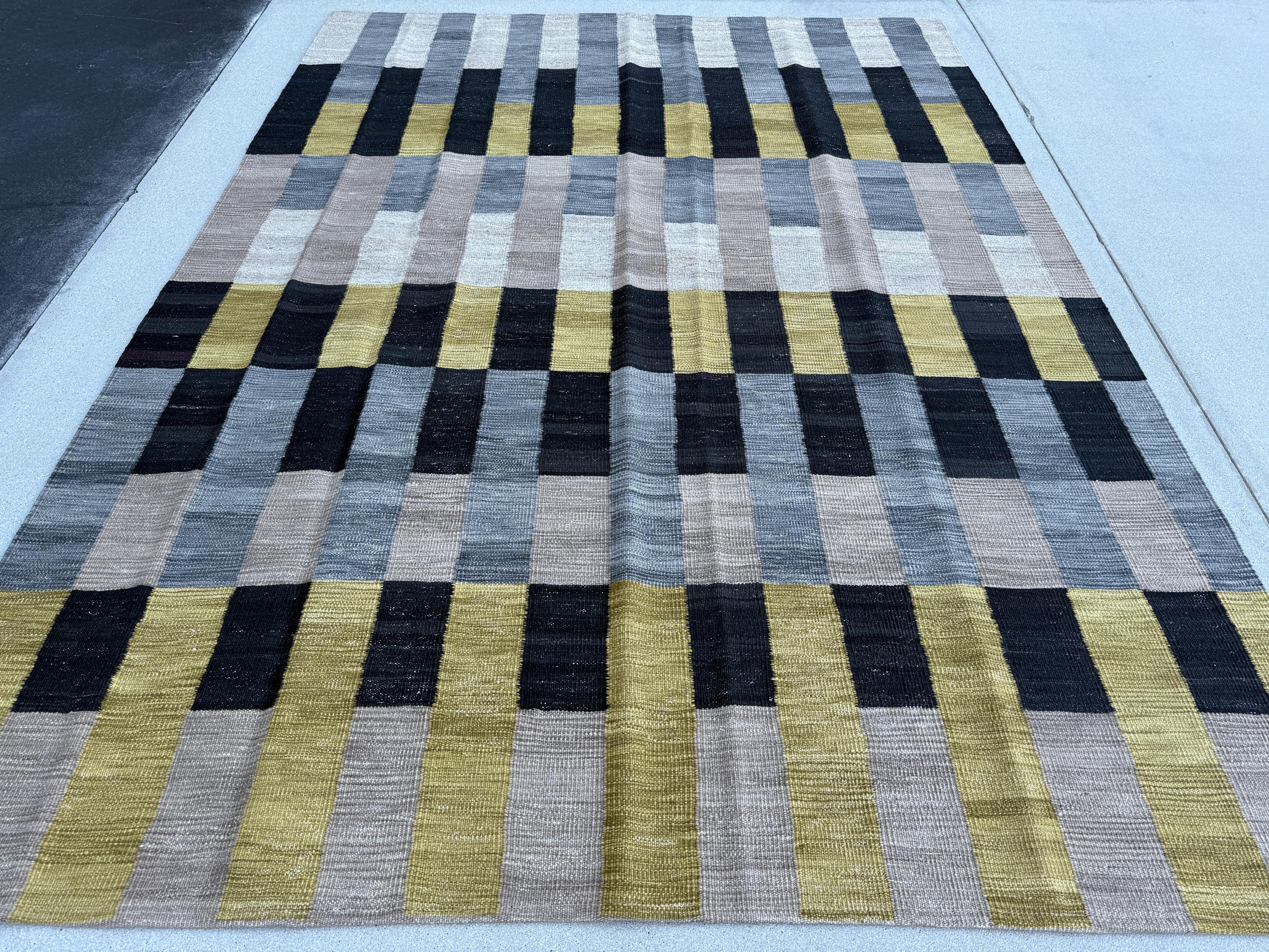 7x10 Handmade Afghan Kilim Rug | Soft Grey Deep Black Mustard Yellow Beige Ivory | Wool Handwoven Handknotted Moroccan Eco-Friendly Abstract