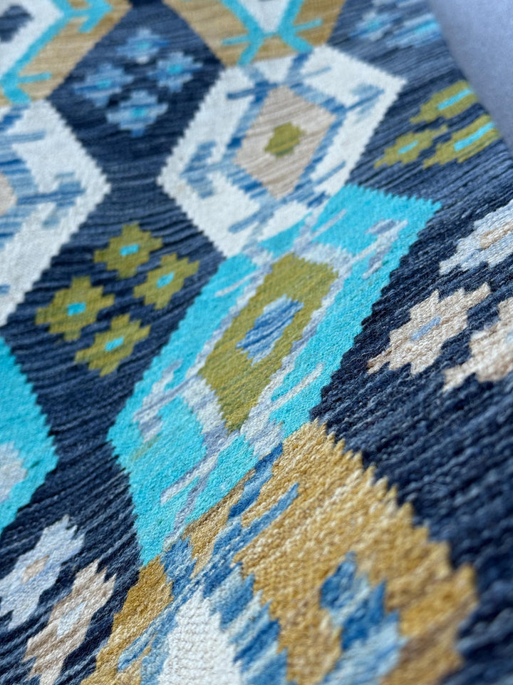 6x8 Handmade Afghan Kilim Rug | Turquoise Teal Navy Sky Blue Olive Green Golden Yellow Taupe Brown Flatweave Flatwoven Bohemian Wool Outdoor