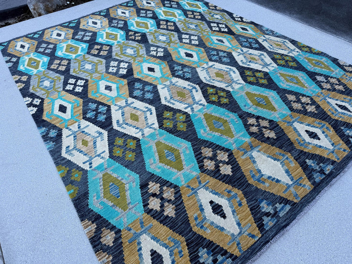 6x8 Handmade Afghan Kilim Rug | Turquoise Teal Navy Sky Blue Olive Green Golden Yellow Taupe Brown Flatweave Flatwoven Bohemian Wool Outdoor