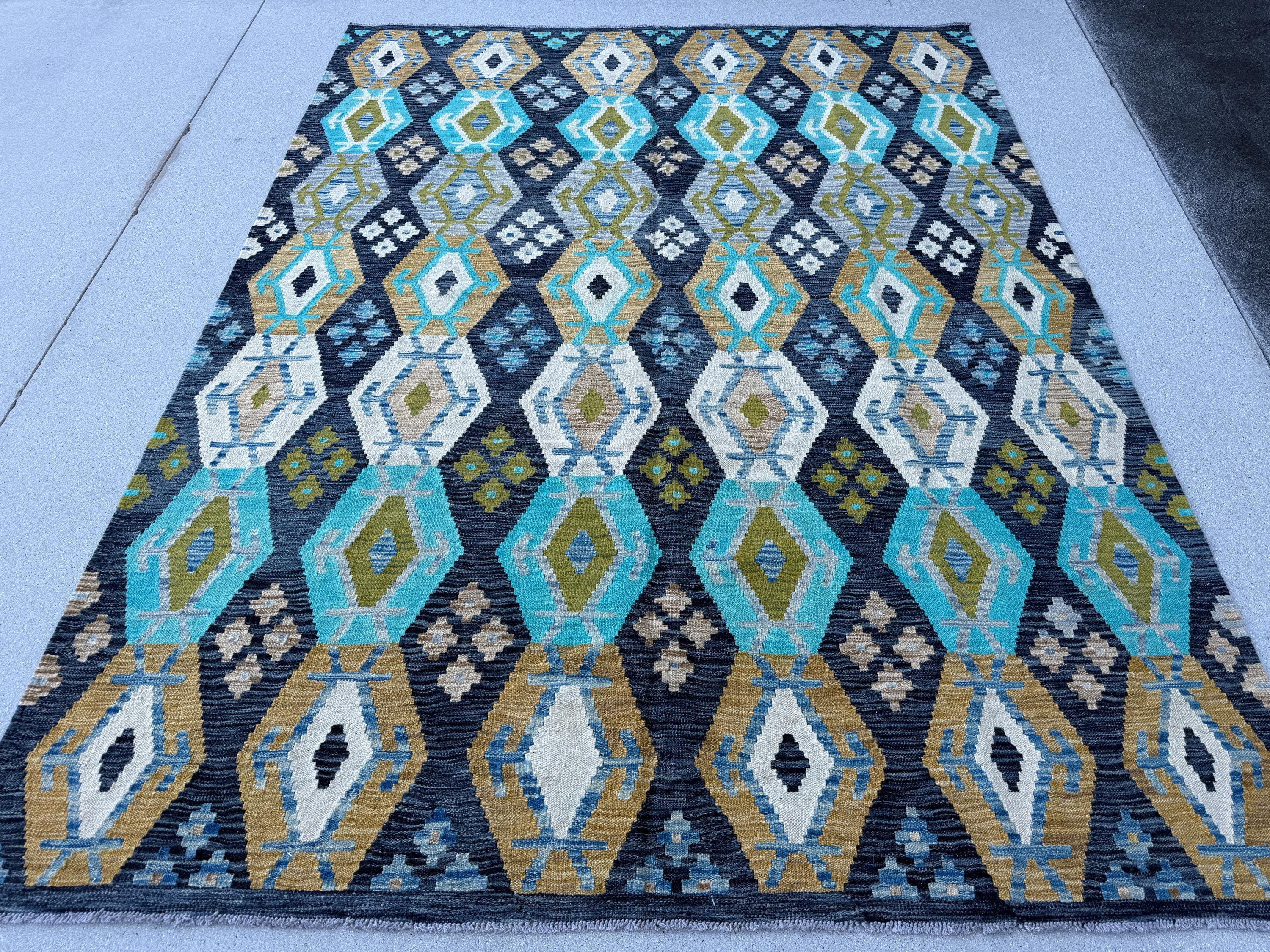 6x8 Handmade Afghan Kilim Rug | Turquoise Teal Navy Sky Blue Olive Green Golden Yellow Taupe Brown Flatweave Flatwoven Bohemian Wool Outdoor