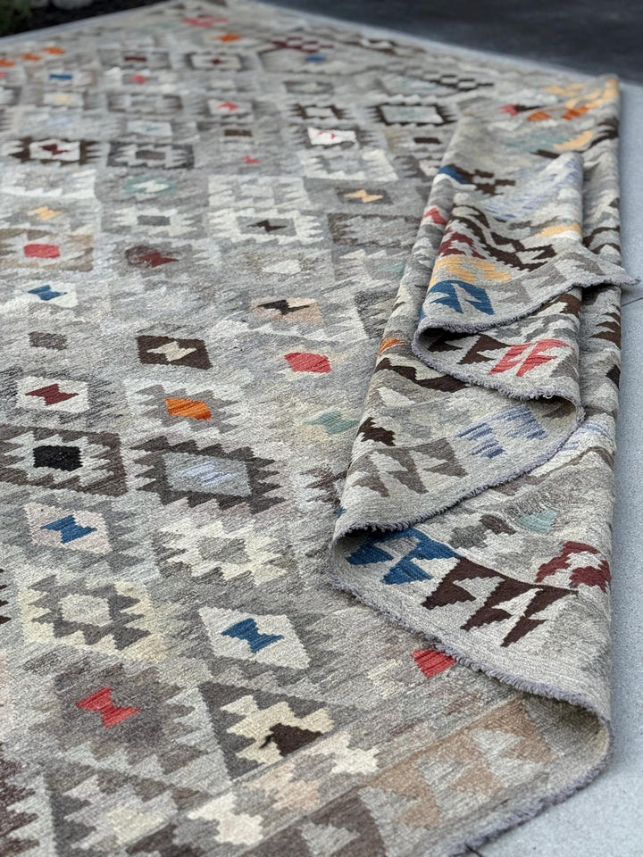 11x13 (335x396) Handmade Afghan Kilim Rug | Grey Gray Beige Charcoal Black Coffee Chocolate Brown Maroon Orange Denim Sky Blue Teal | Wool