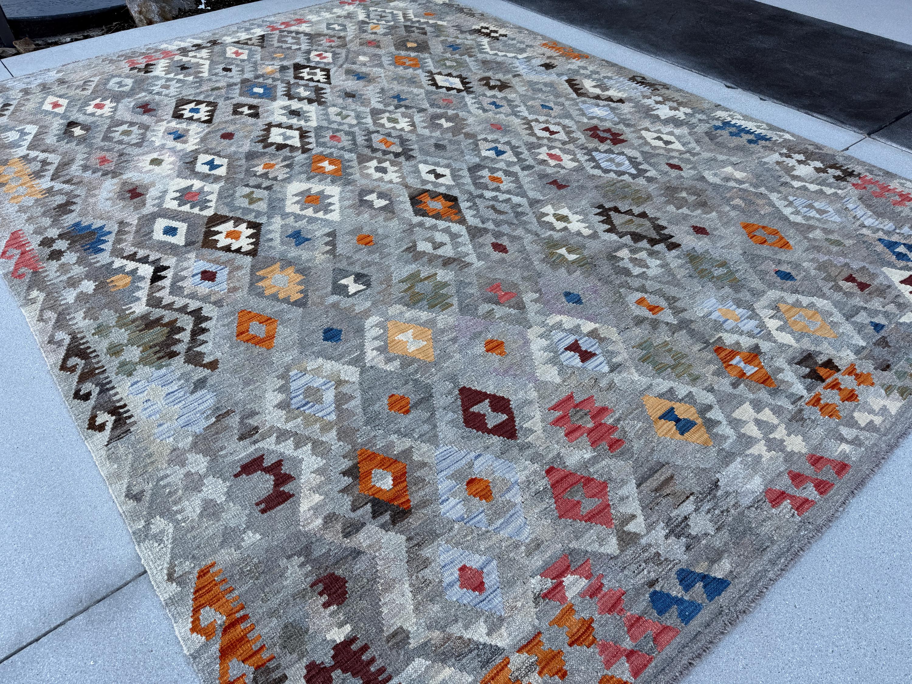 8-9x12 (274x366) Handmade Afghan Kilim Rug | Grey White Ivory Red Burgundy Coral Rust Orange Denim Sapphire Blue Brown Green Tan Sand | Wool