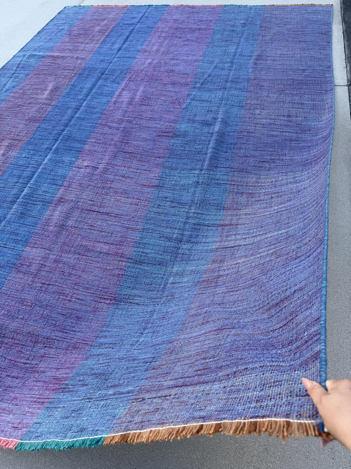 8x12 Handmade Afghan Kilim Rug | Pastel Denim Blue Purple Lavender | Wool Flatwoven Flatweave Handknotted Moroccan Eco-Friendly Outdoor Boho