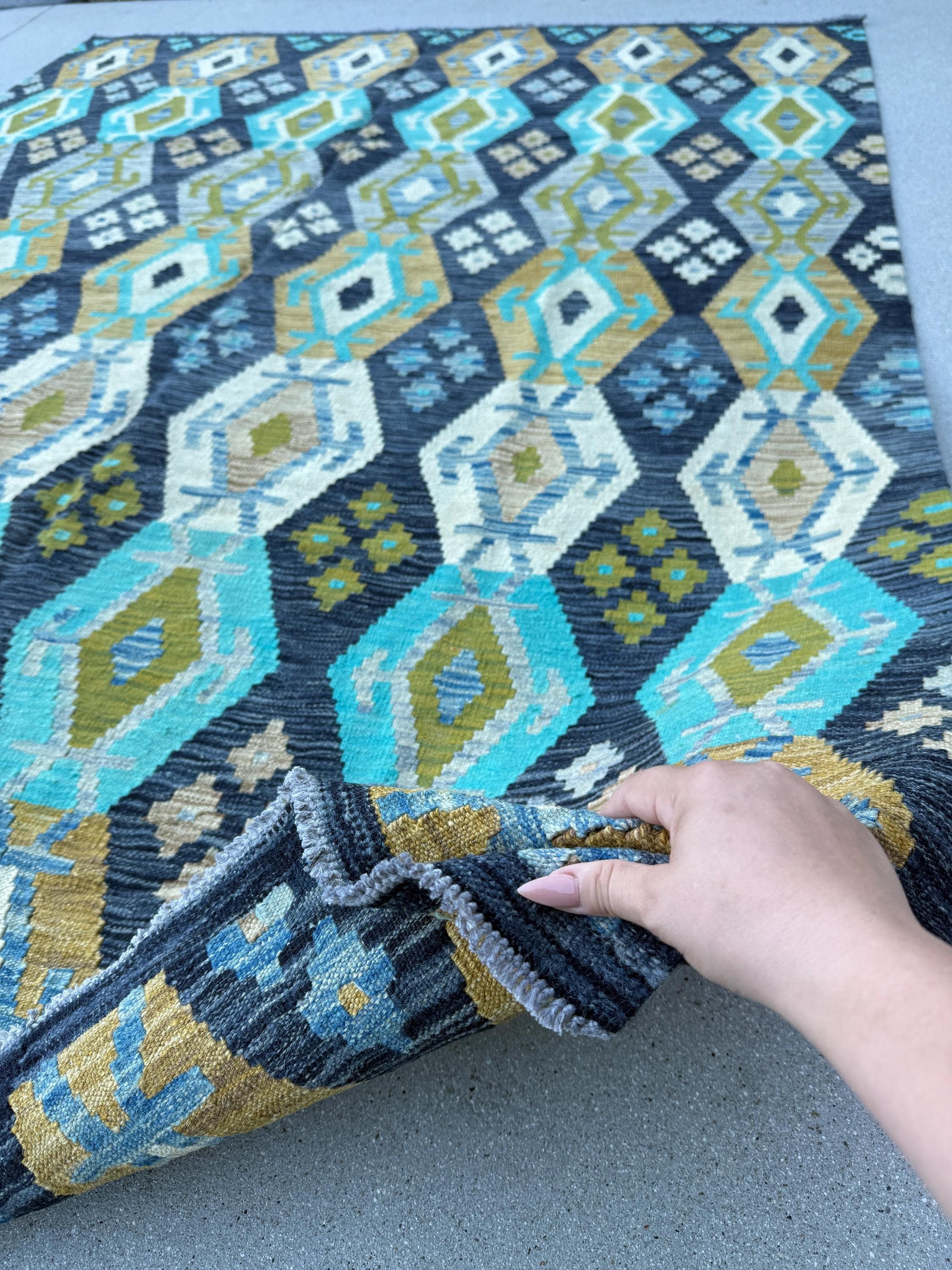 6x8 Handmade Afghan Kilim Rug | Turquoise Teal Navy Sky Blue Olive Green Golden Yellow Taupe Brown Flatweave Flatwoven Bohemian Wool Outdoor