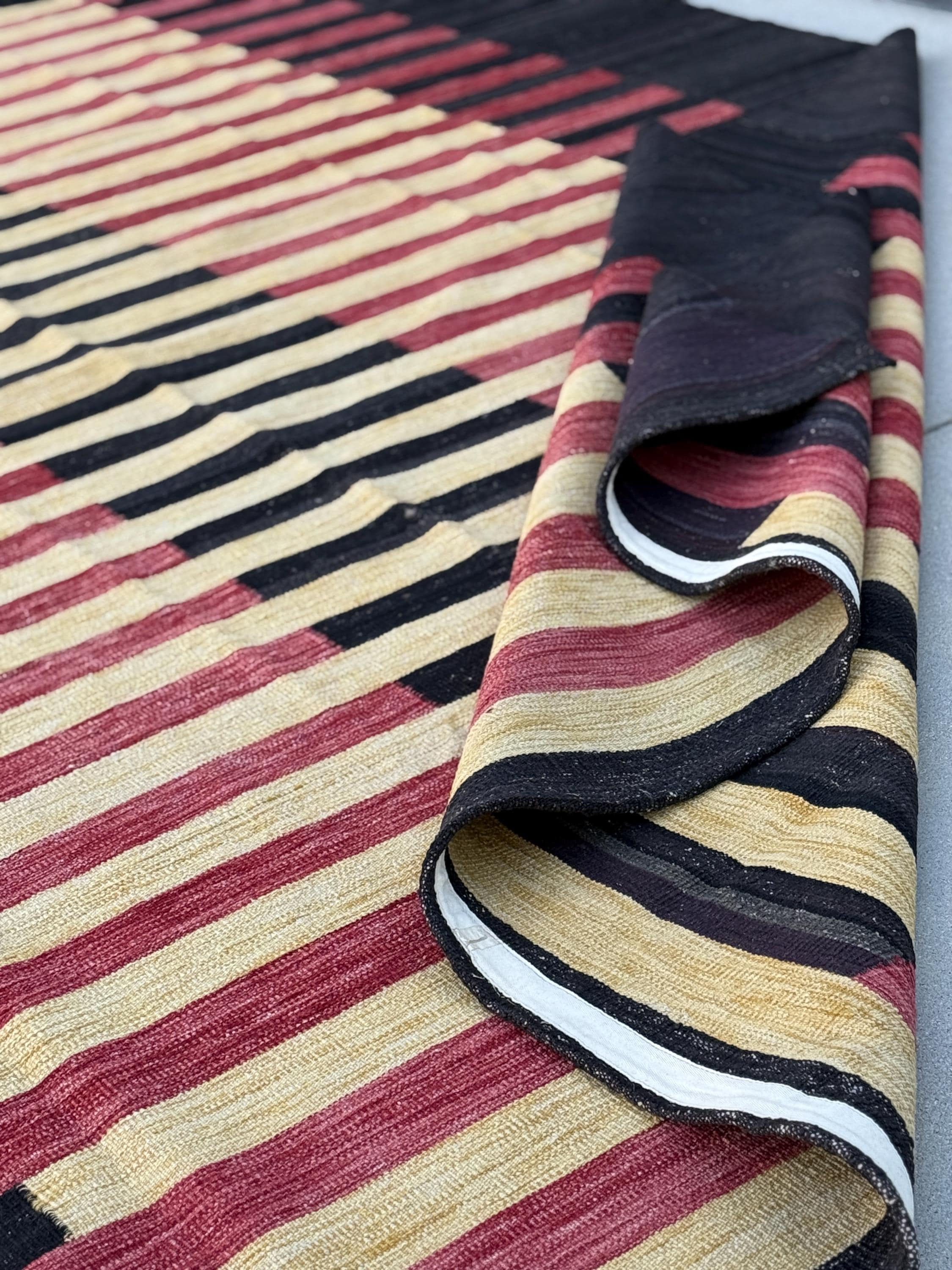 10x13 (305x396) Handmade Afghan Kilim Rug | Black Brick Red Cornsilk Yellow | Wool Handwoven Handknotted Striped Abstract Scandinavian