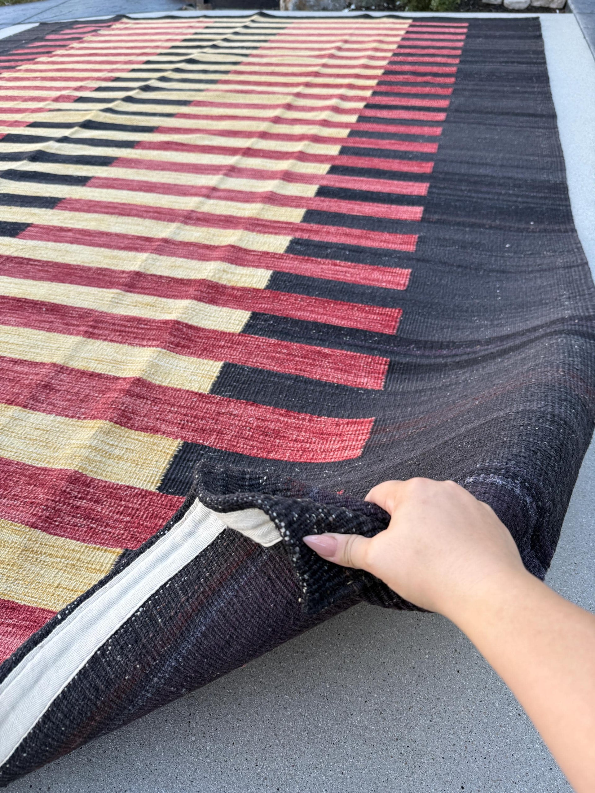 10x13 (305x396) Handmade Afghan Kilim Rug | Black Brick Red Cornsilk Yellow | Wool Handwoven Handknotted Striped Abstract Scandinavian