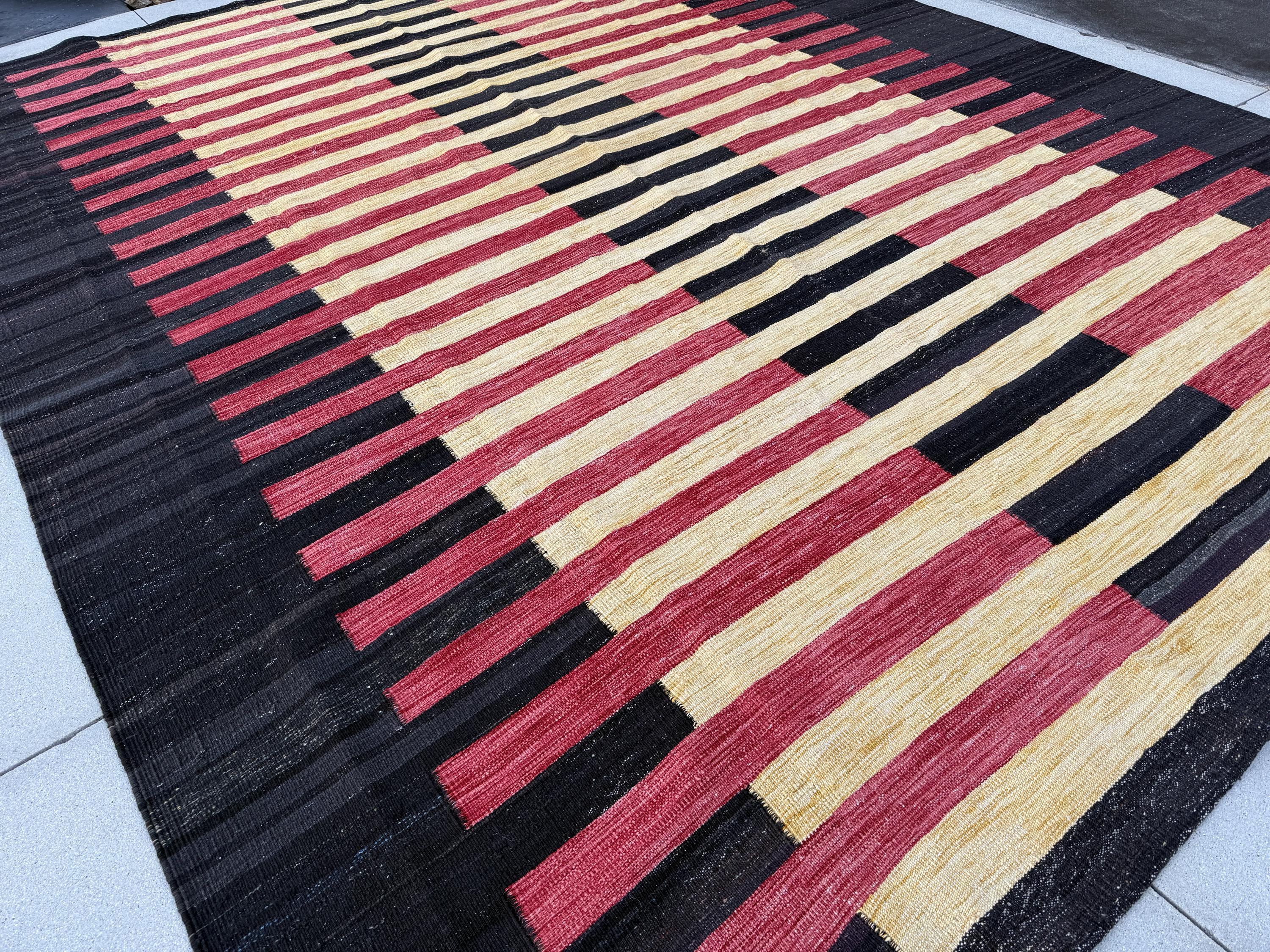 10x13 (305x396) Handmade Afghan Kilim Rug | Black Brick Red Cornsilk Yellow | Wool Handwoven Handknotted Striped Abstract Scandinavian