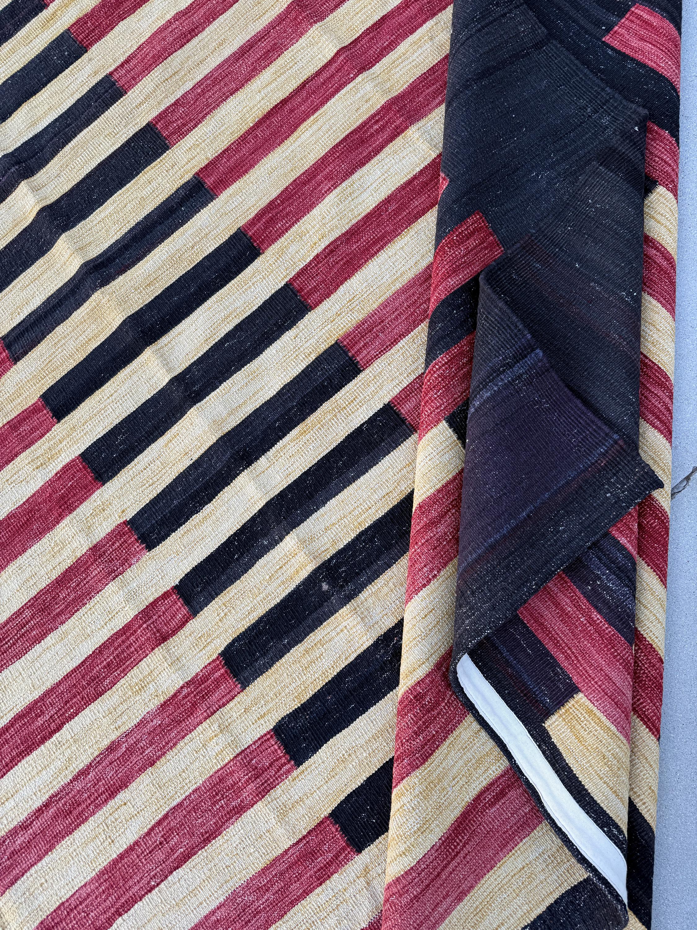 10x13 (305x396) Handmade Afghan Kilim Rug | Black Brick Red Cornsilk Yellow | Wool Handwoven Handknotted Striped Abstract Scandinavian