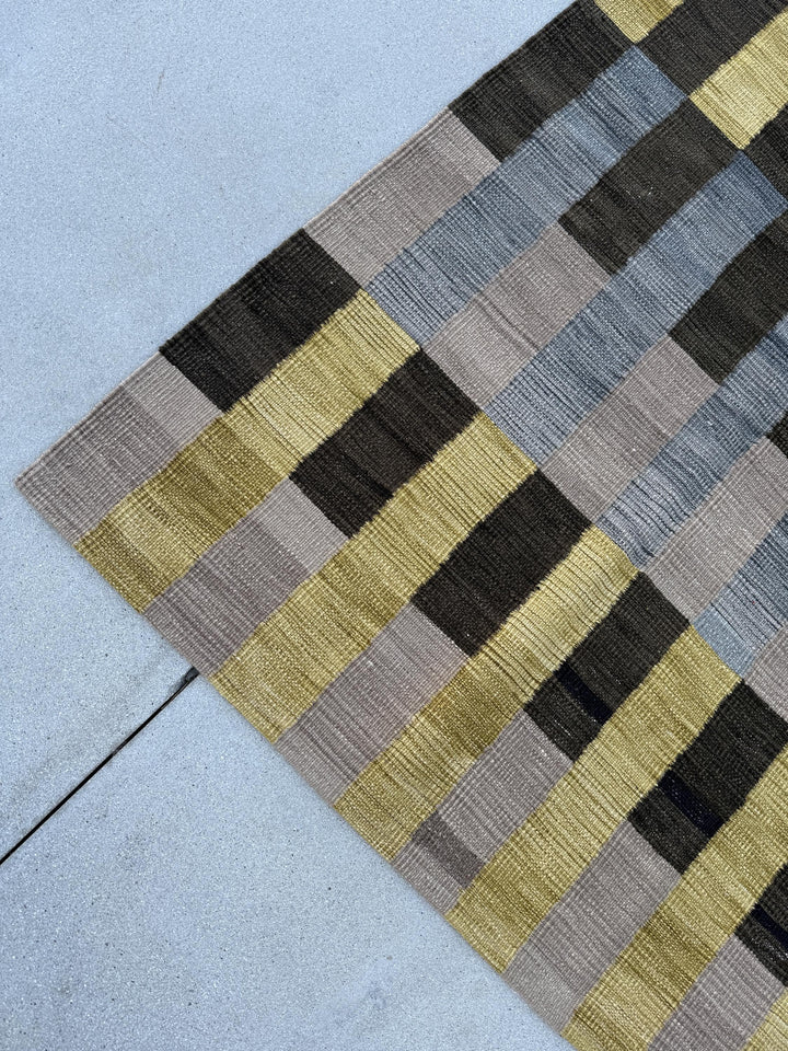 9x10 (274x305) Handmade Afghan Kilim Rug | Grey Charcoal Black Yellow Beige Tan Ivory | Wool Handwoven Handknotted Eco-Friendly Abstract