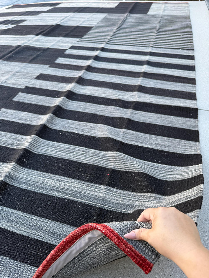 10x13 (305x396) Handmade Afghan Kilim Rug | Black Charcoal Slate Grey Gray Brick Red | Wool Handwoven Abstract Scandinavian Striped