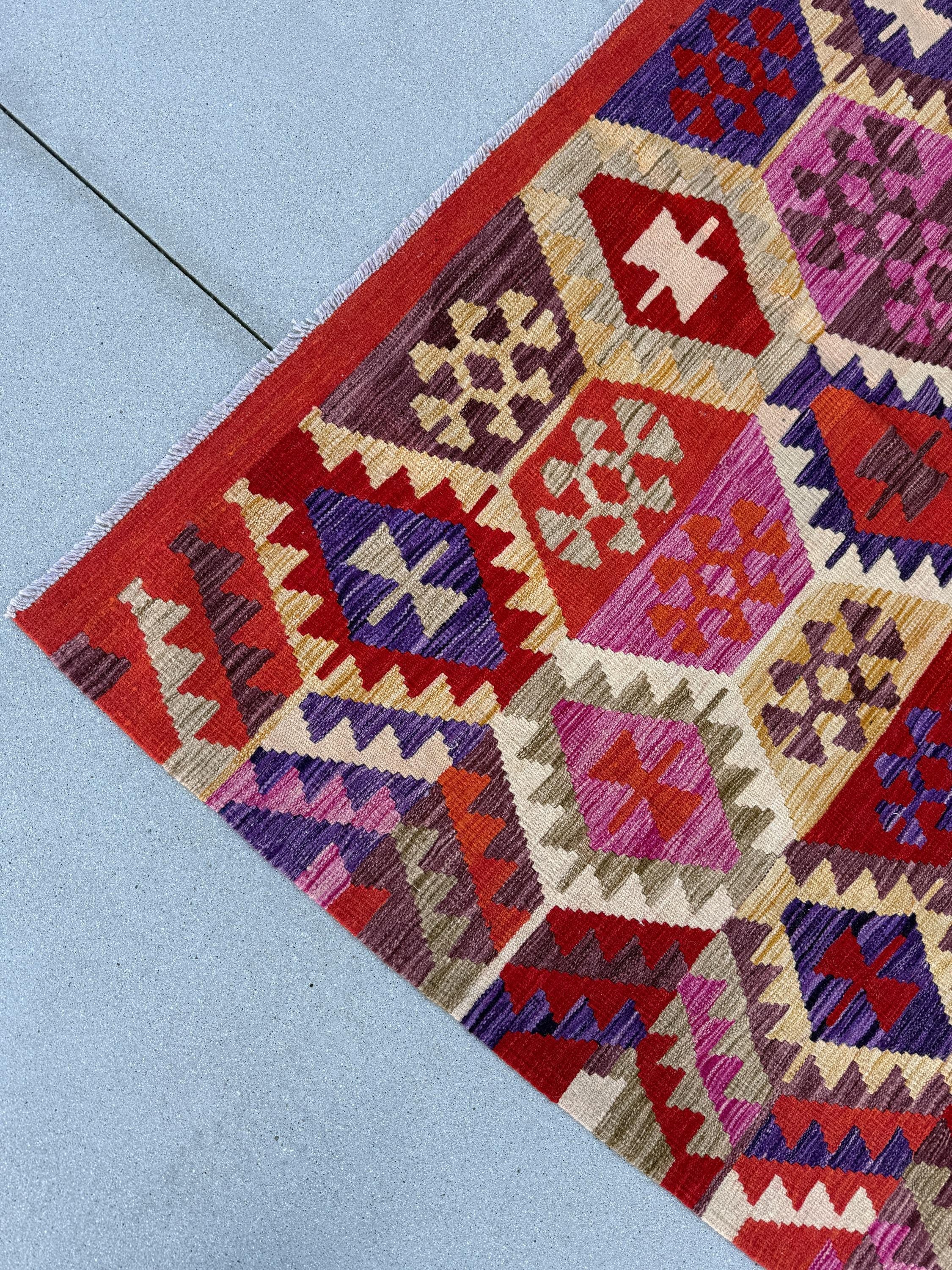 9x12 (274x366) Handmade Afghan Kilim Rug | Orange Eggplant Purple Fuchsia Blush Pink Cream Beige Gold Yellow Brown Sand Tan | Flatweave Wool