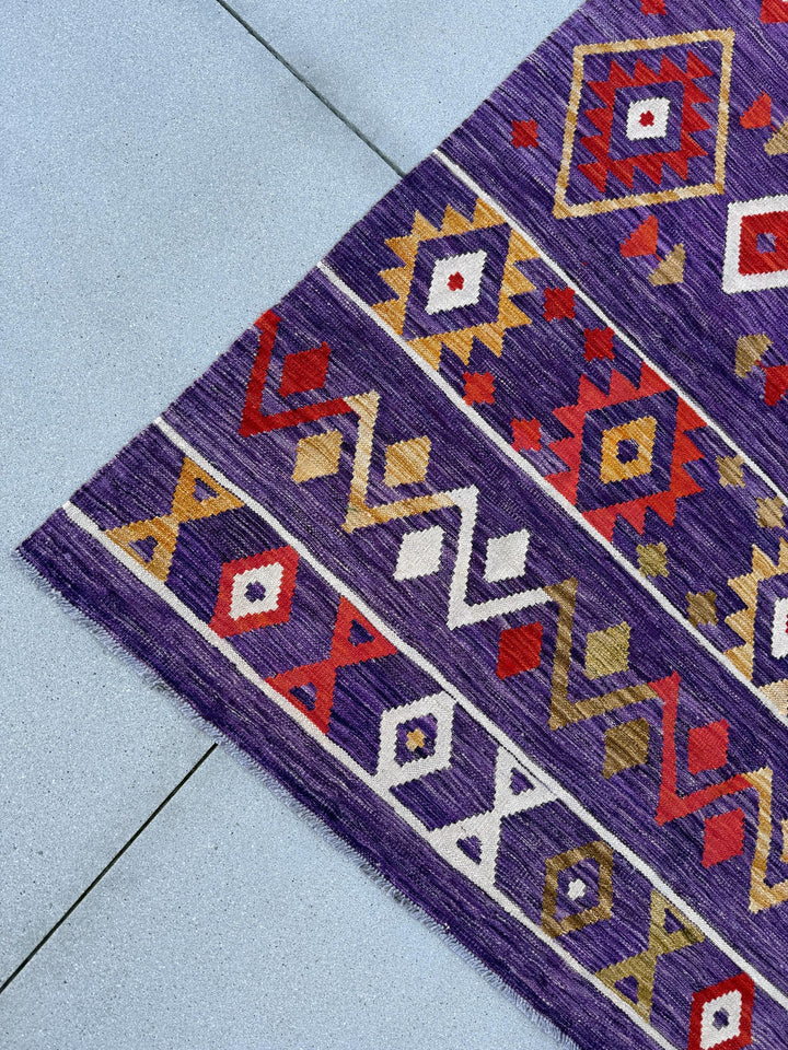 9x12 (274x305) Handmade Afghan Kilim Rug | Eggplant Purple Crimson Red Saffron White Moss Green | Flatweave Boho Wool Turkish Outdoor