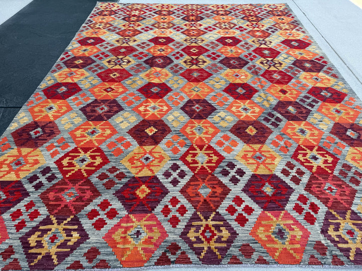 8-9x11 (274x335) Handmade Afghan Kilim Rug | Cherry Crimson Red Coral Orange Golden Yellow Gray Dark Maroon | Flatweave Boho Wool